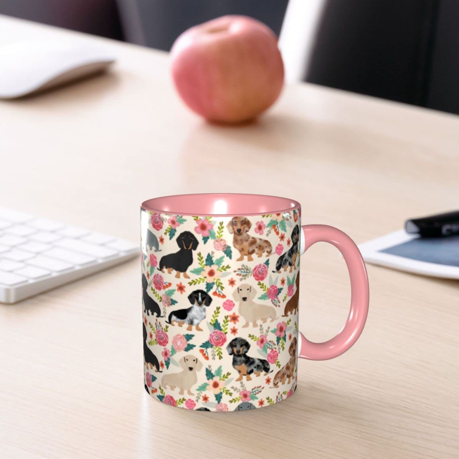 Funny Novelty Ceramic Coffee Mug with Cute Pink Dachshund Sausage Dog & Flowers Design - Microwave & Dishwasher Safe - Perfect for Gifts, Office Use & Coffee Lovers