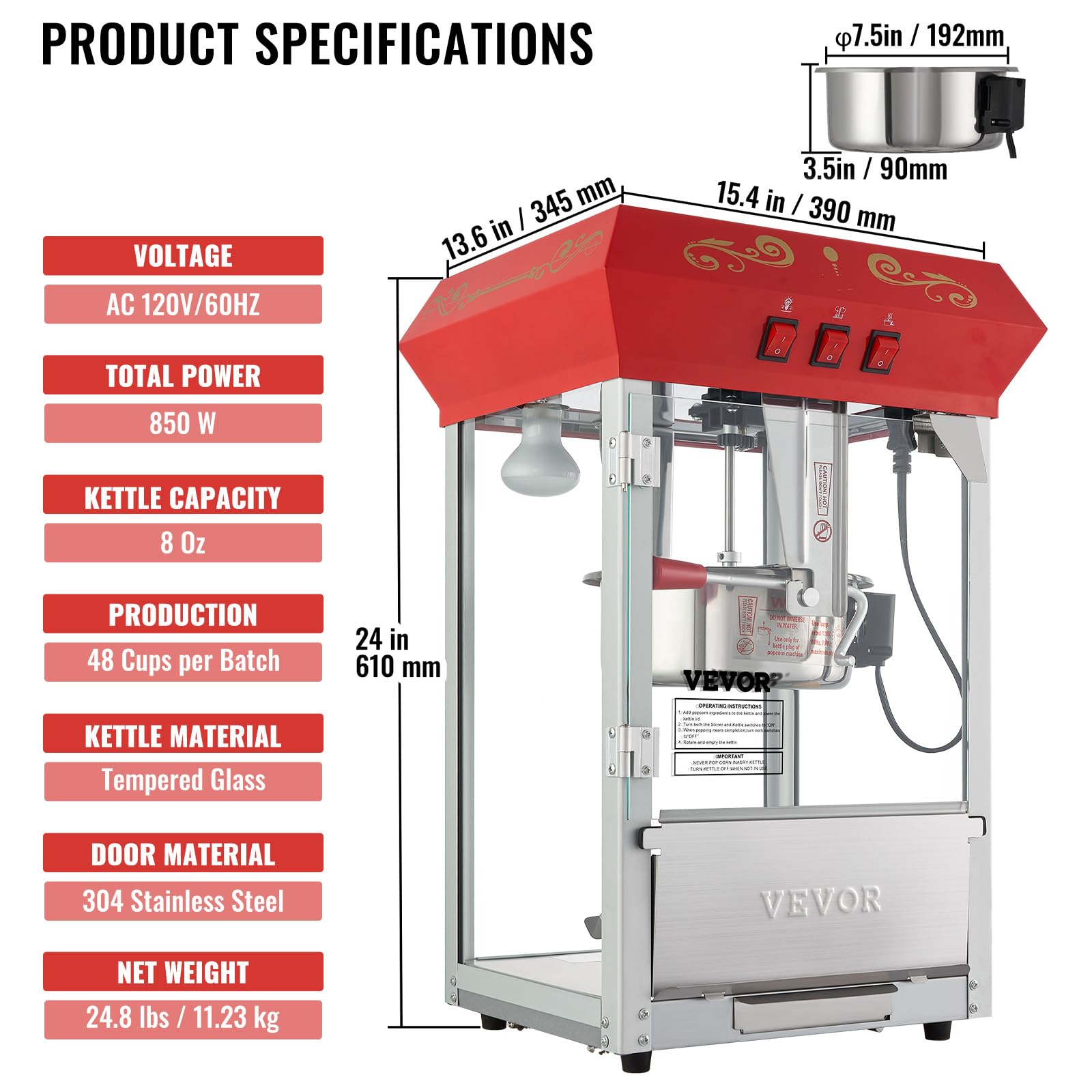 VEVOR 8 Oz Commercial Popcorn Machine - 850W Countertop Popcorn Popper Makes 48 Cups per Batch - Theater Style with 3-Switch Control, Steel Frame & Tempered Glass - Includes Scoop & Spoons (Red) - Perfect for Movie Nights, Carnivals, and Snack Bars