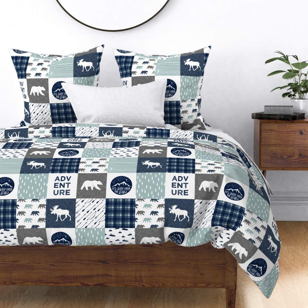 Happy Camper Cotton Sateen Duvet Cover Twin Size - Navy Blue & Dusty Blue Woodland Moose Print Patchwork Plaid Bedding Set | Perfect for Boys' Rooms, Cabin Decor & Cozy Camping Theme Bedrooms