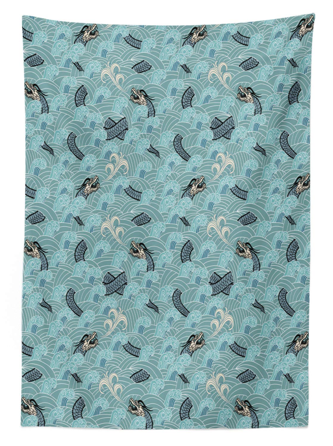 Ambesonne Japanese Wave Waterproof Outdoor Tablecloth - Dragon & Ocean Monster Fantasy Print, Washable Picnic Table Cover 58x120 Inches - White Teal Grey for Beach Parties, BBQs, and Garden Decor