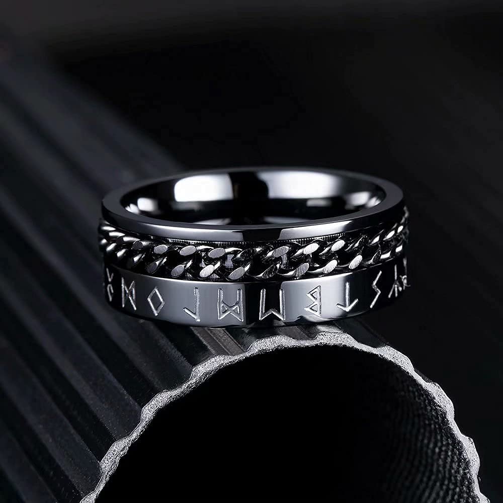 King Will 8mm Stainless Steel Fidget Spinner Ring for Men - Black/Silver Brushed Finish with Greek Key, Viking, Roman Numerals & Hammered Patterns - Anxiety Relief Ring for Stress, Focus & ADHD - Perfect for Office, Travel & Daily Wear