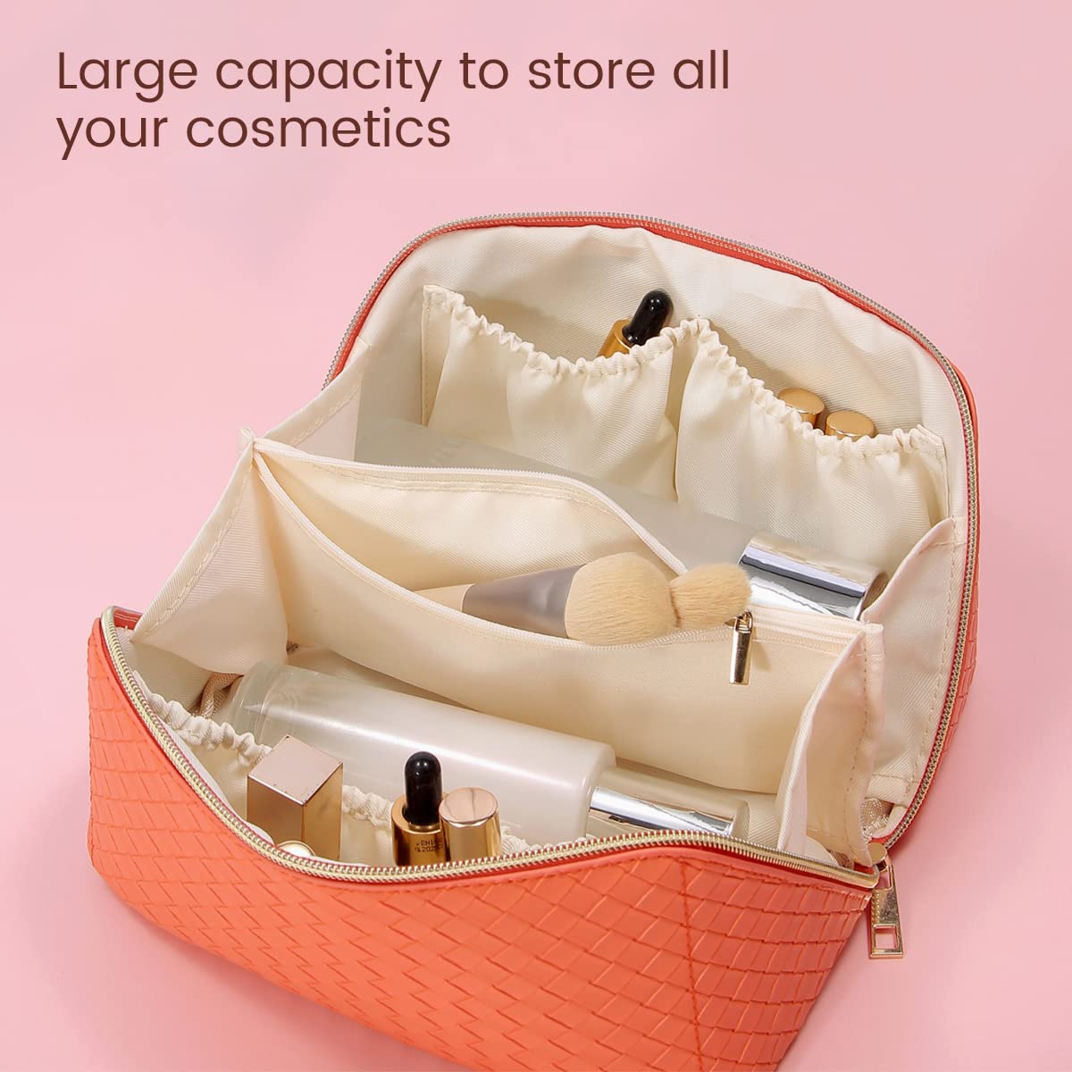 PEARLOVE Large Waterproof Makeup Bag for Travel, Women's PU Leather Cosmetic Organizer - White, Perfect for Skincare & Toiletries Storage