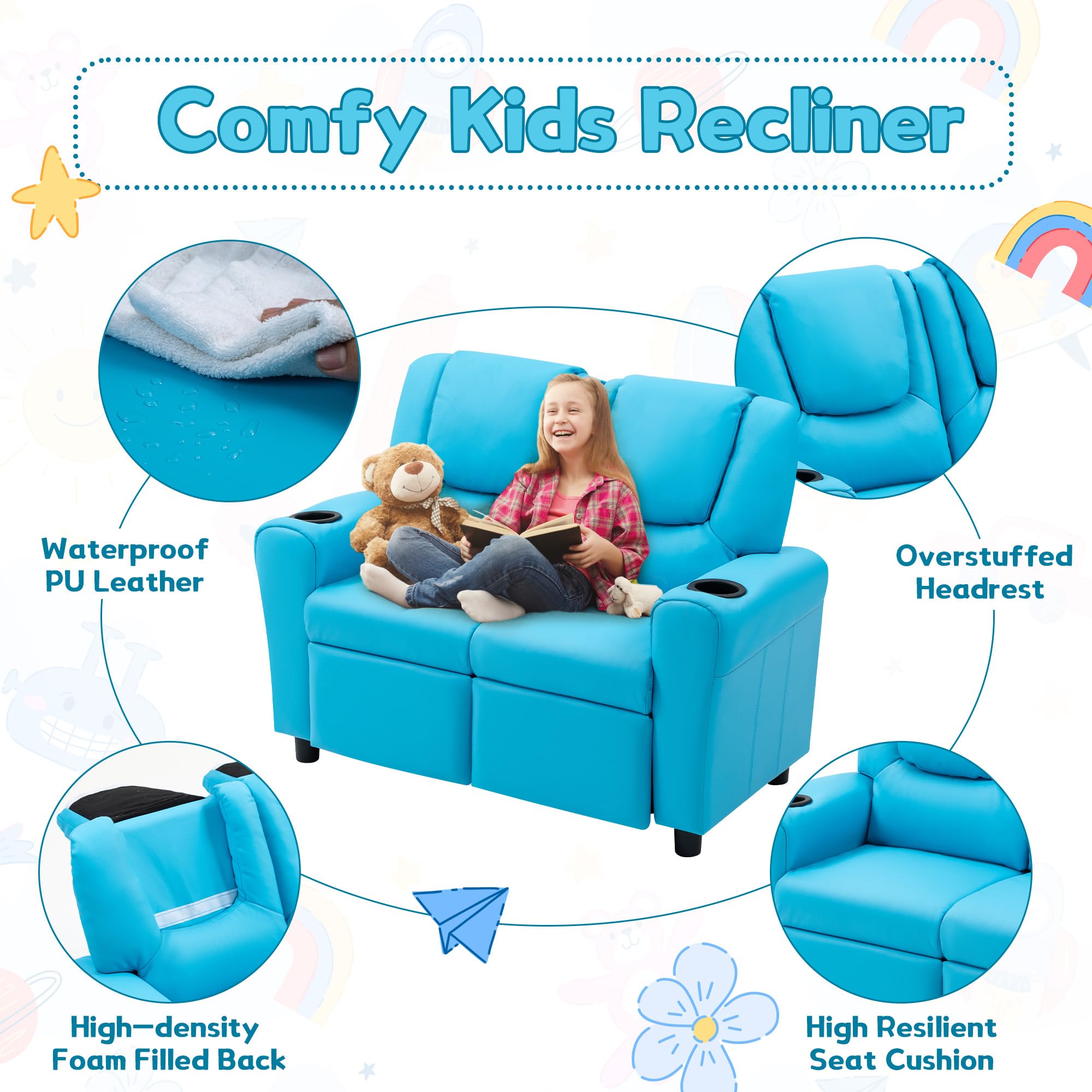 AVAWING Double Toddler Recliner Chair for Kids Age 1-4 - Adjustable Footrest & Headrest, Faux Leather Kids Loveseat Sofa with Cup Holders - Perfect for Playroom, Nursery, or Family Room (Blue)