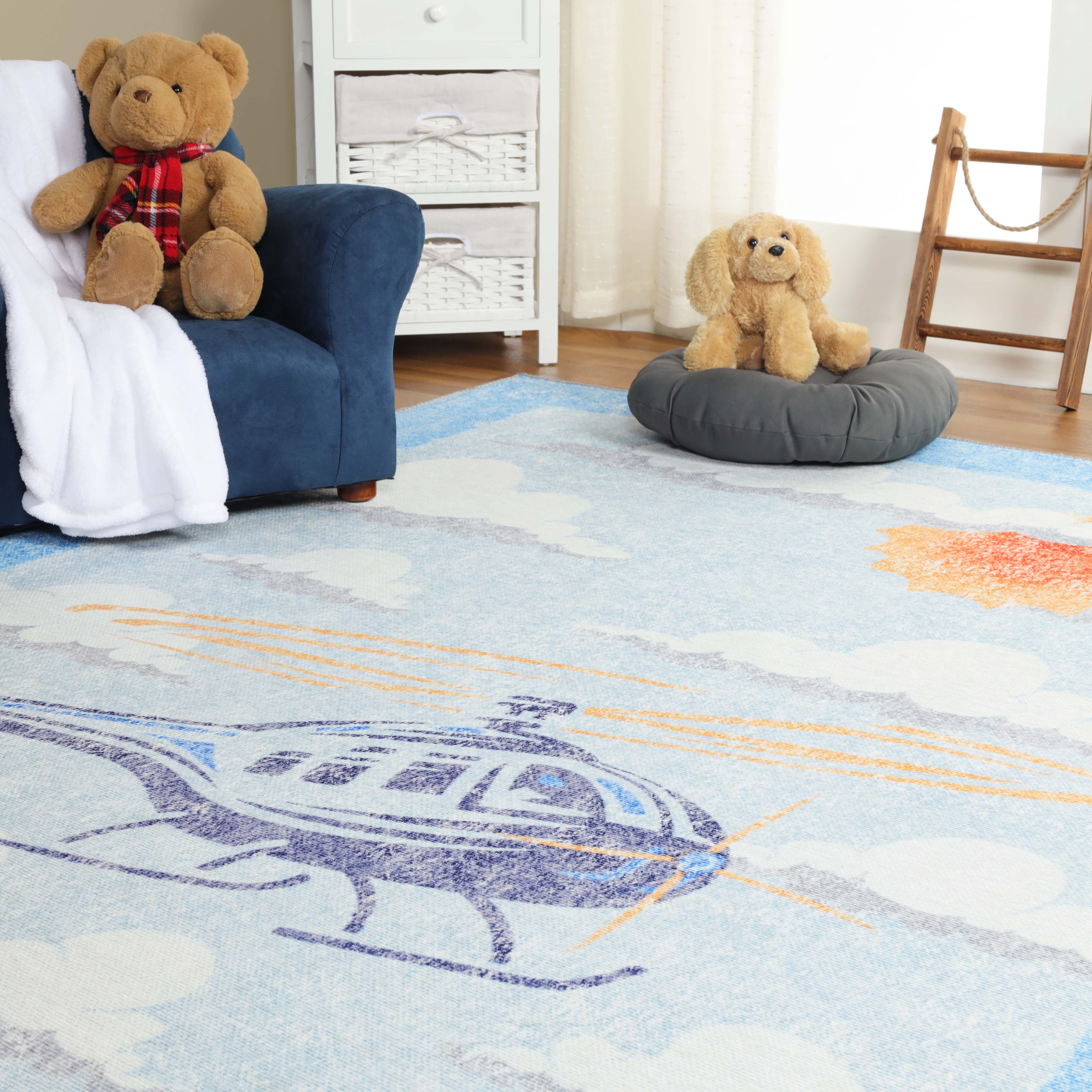 Non-Slip Helicopter Pattern Kids Playroom Rug - Soft & Safe Floor Mat for Nursery, Bedroom, and Play Areas