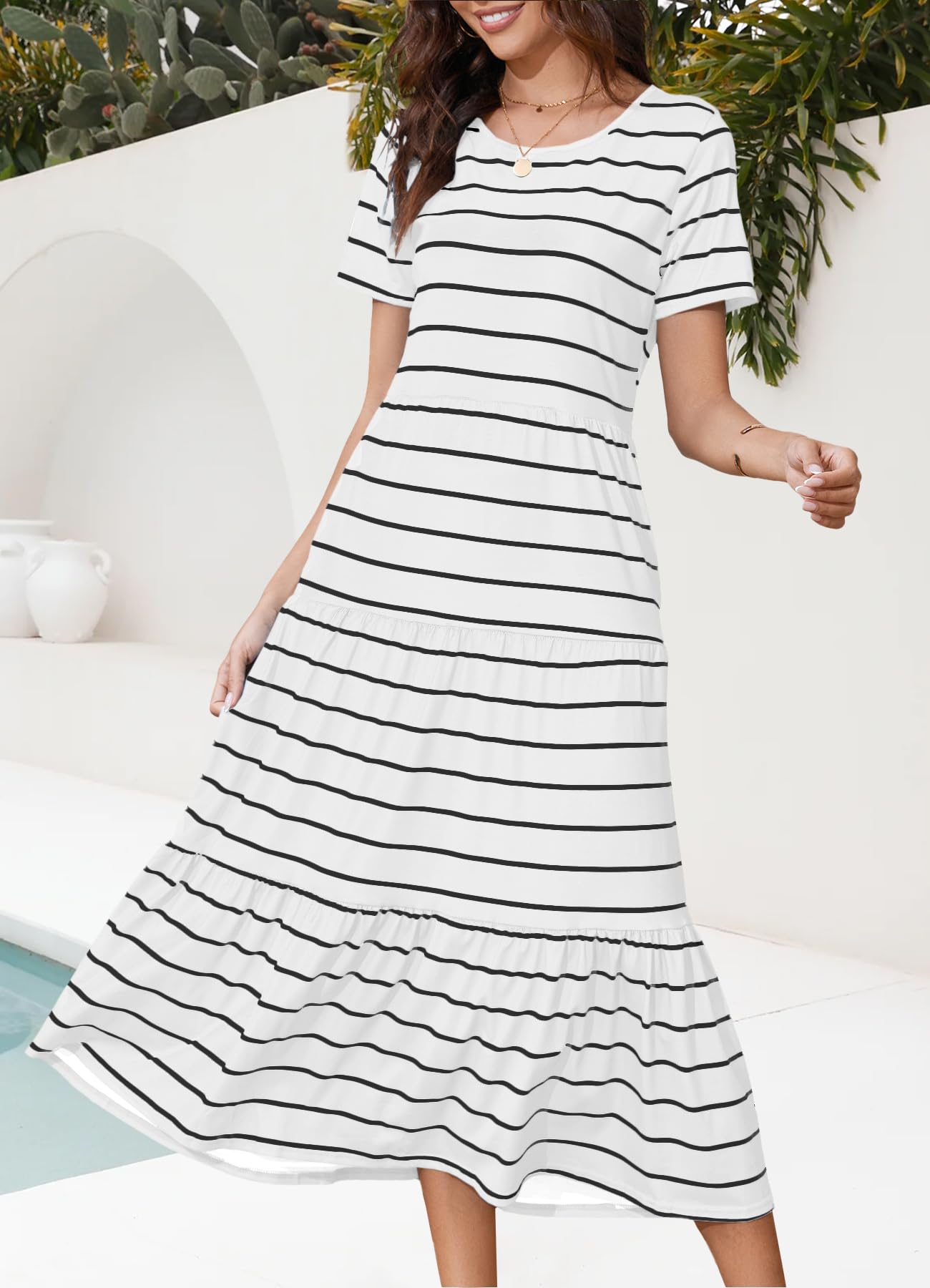MITILLY Women's 2025 Summer Casual Short Sleeve Striped Tiered Swing T-Shirt Dress with Pockets | Beach Maxi Dress for Vacation, Outing & Daily Wear