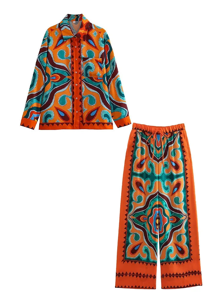 BlingBlingee Summer Printed Women's Wide Leg Pants & Satin Crop Top Set - Y2K Fashion Asymmetric Sleeveless Strapless Outfit for Beach, Party & Casual Wear