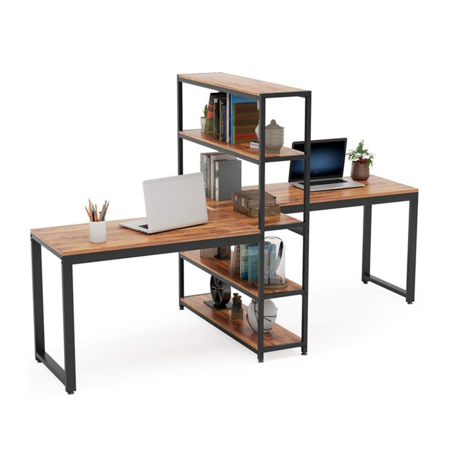 QWERTP 90-Inch Two Person Computer Desk with Bookshelf & Storage Shelf - Extra Large Double Face-to-Face Workstation for Home Office - Perfect for Shared Workspaces, Gaming Setups & Remote Work