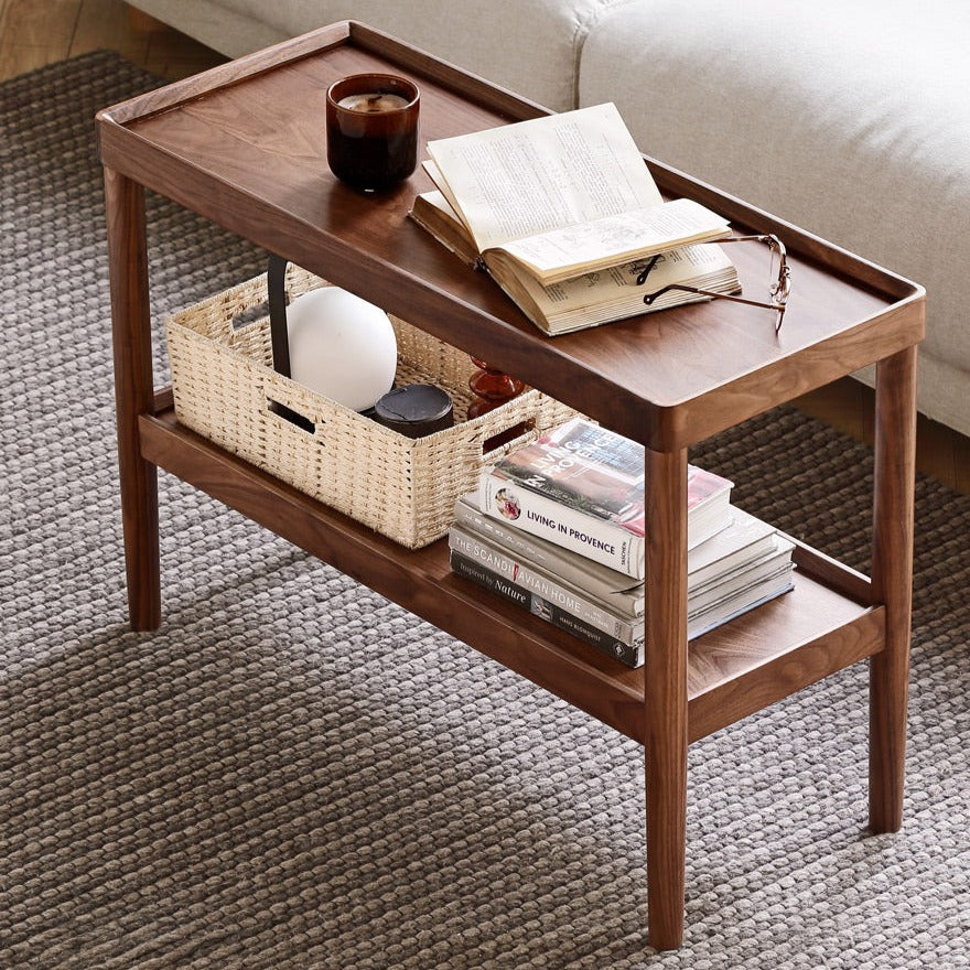 Solid Black Walnut Wood Side Table with Double Layer Storage Shelf - Nightstand, Living Room Accent Table, Bedroom End Table for Home Decor