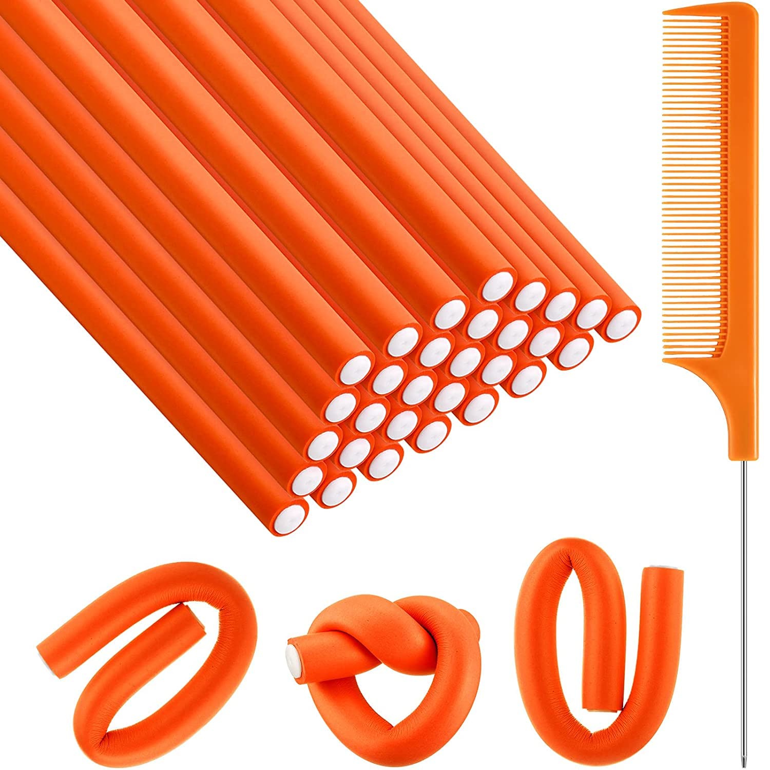 SIYAA 20-Pack Soft Foam Hair Rollers - No Heat Flexible Curling Rods with Twist Foam & Steel Pintail Comb for Women & Girls (Orange) - Perfect for Overnight Curls, Salon-Style at Home, and Heat-Free Styling