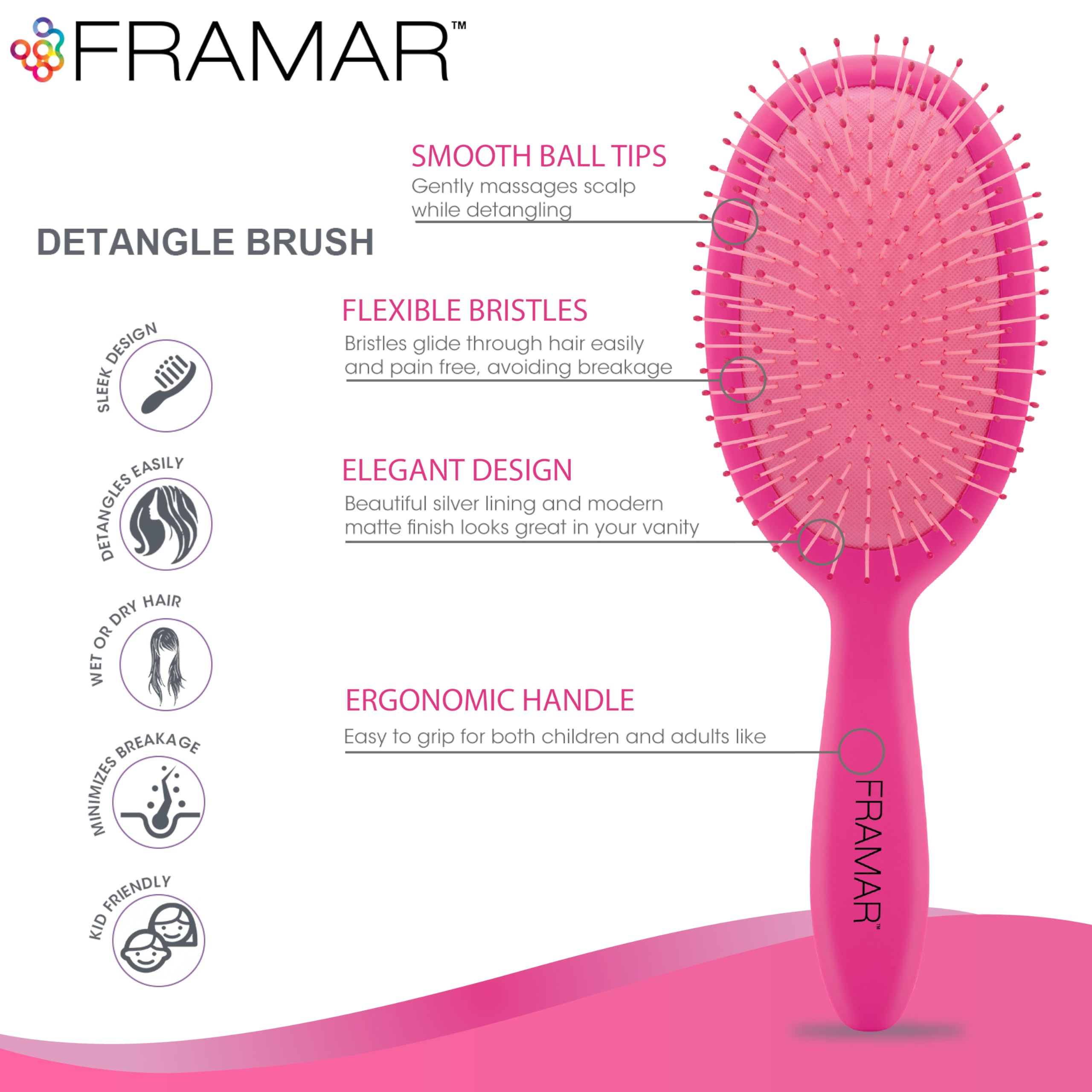 Framar Detangling Brush for Curly Hair - Professional Hair Brush for Women & Kids, Gentle Knot Remover for Thick, Wavy & Natural Curly Hair - Perfect for Daily Styling, Salon Use & Travel (Pink)