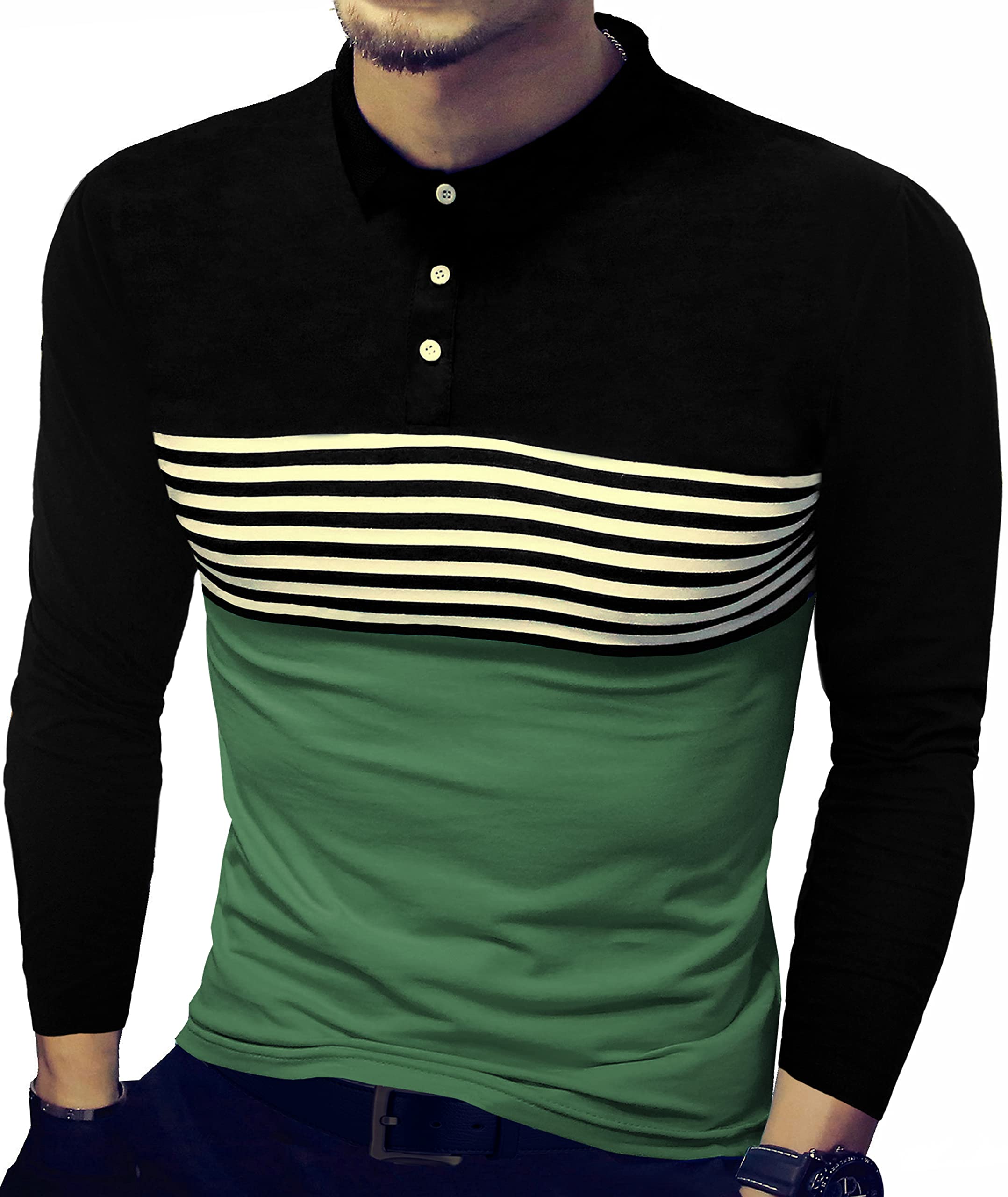 LOGEEYAR Men's Slim Fit Contrast Color Stripe Long Sleeve Polo Shirt - Casual Business & Weekend Wear for Office, Dating & Outdoor Activities
