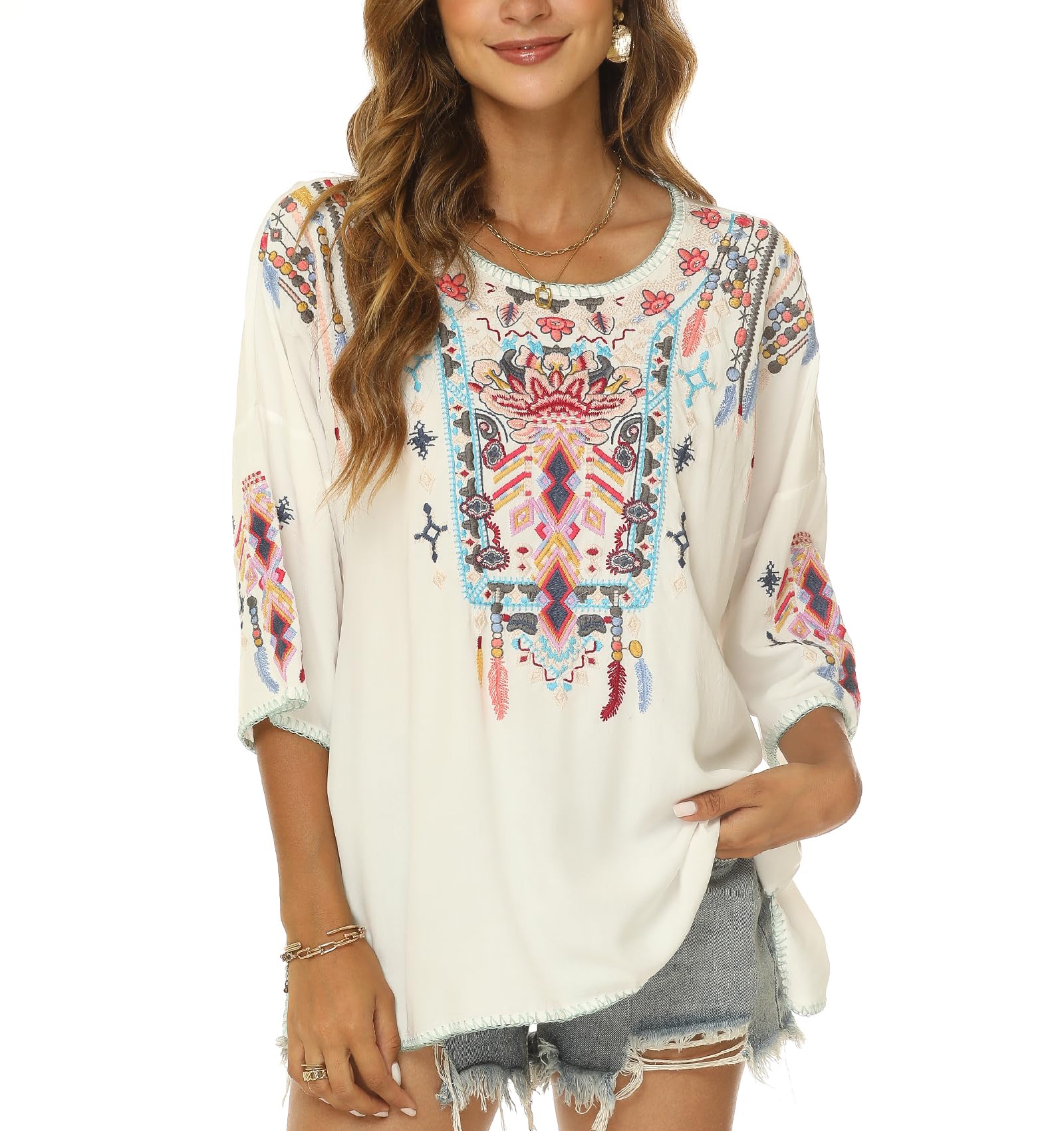 Higustar Mexican Embroidered Tops for Women | Traditional Boho Tunic Shirt | Plus Size Bohemian Blouse | Peasant Style Embroidered Clothing | Perfect for Music Festivals, Beach Vacations & Boho Fashion Outfits