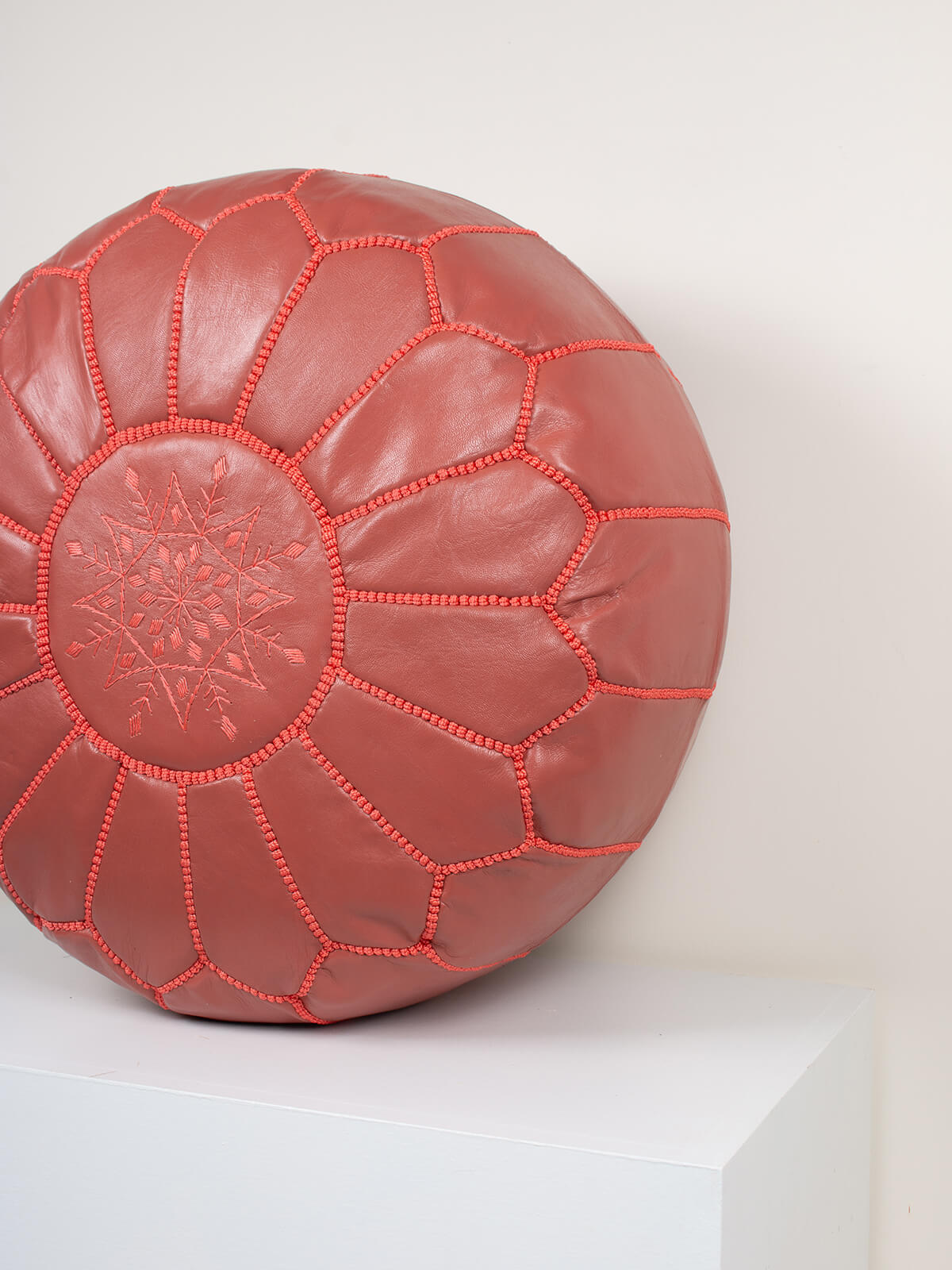 Handmade Moroccan Leather Pouffe Ottoman - Terracotta Color, Boho Chic Footstool for Living Room, Bedroom & Outdoor Use (Slight Seconds)