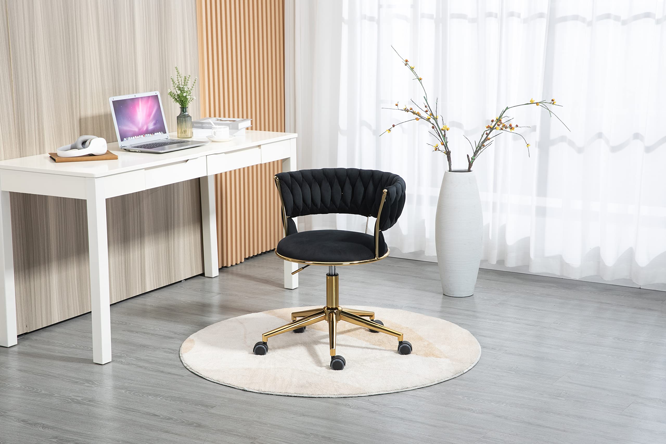Velvet Office Chair - Ergonomic Swivel Desk Chair with Adjustable Height, Arms & Wheels - Upholstered Computer Task Chair for Home Office, Gaming & Makeup Station - Black Velvet Fabric with Metal Base