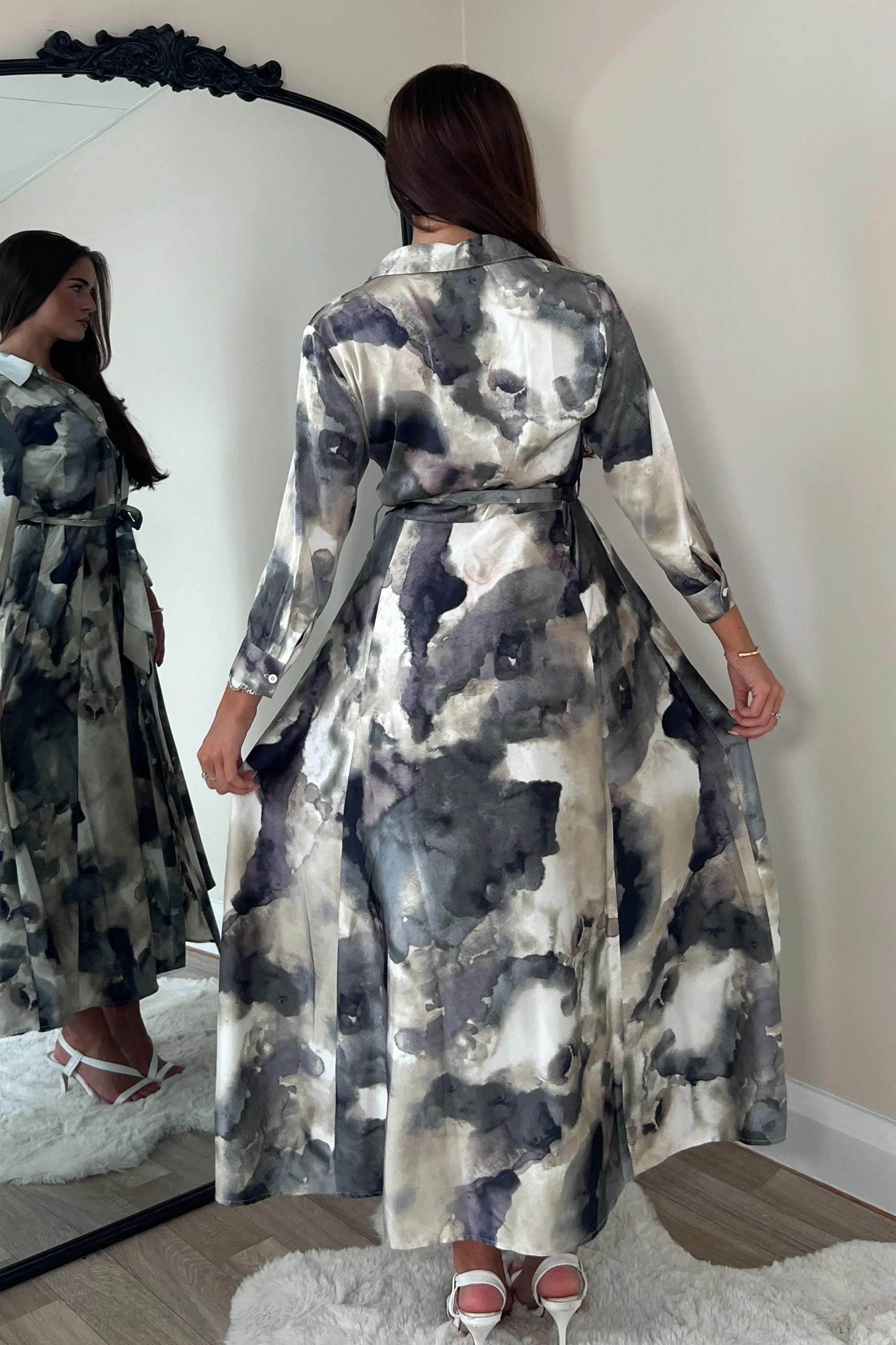 Angela Shirt Dress - Stylish Grey Print Floral Wrap Dress for Women | Perfect for Office, Date Night & Spring Outfits