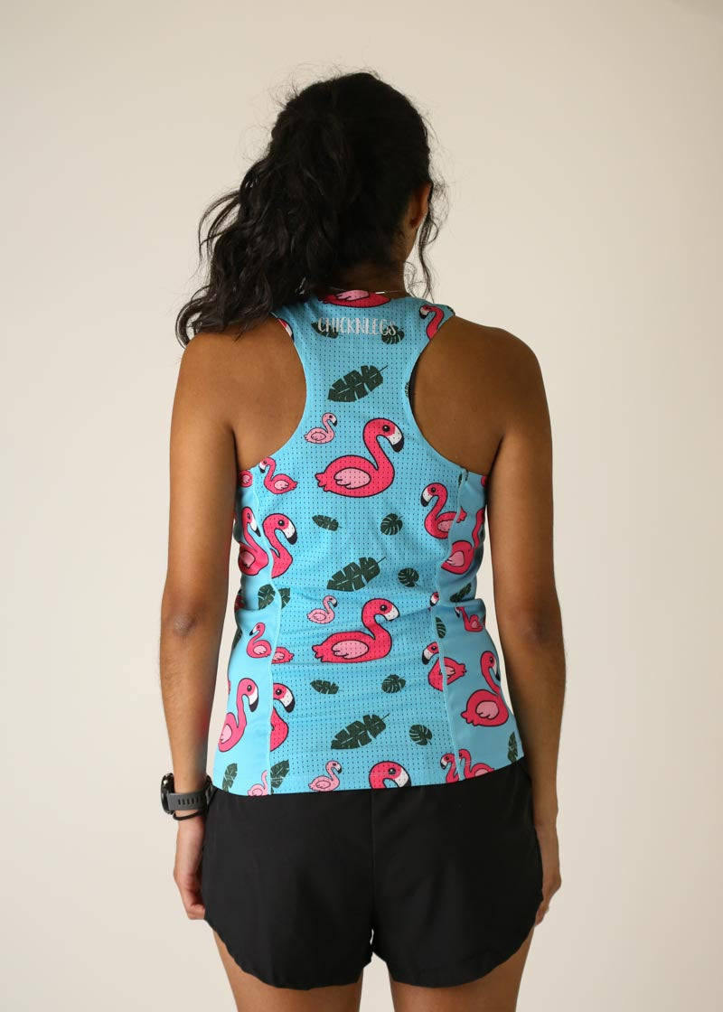 Women's Blue Flamingo Performance Singlet - Breathable Workout Tank Top for Running & Gym - Trendy Athletic Wear for Women's Fitness & Active Lifestyle