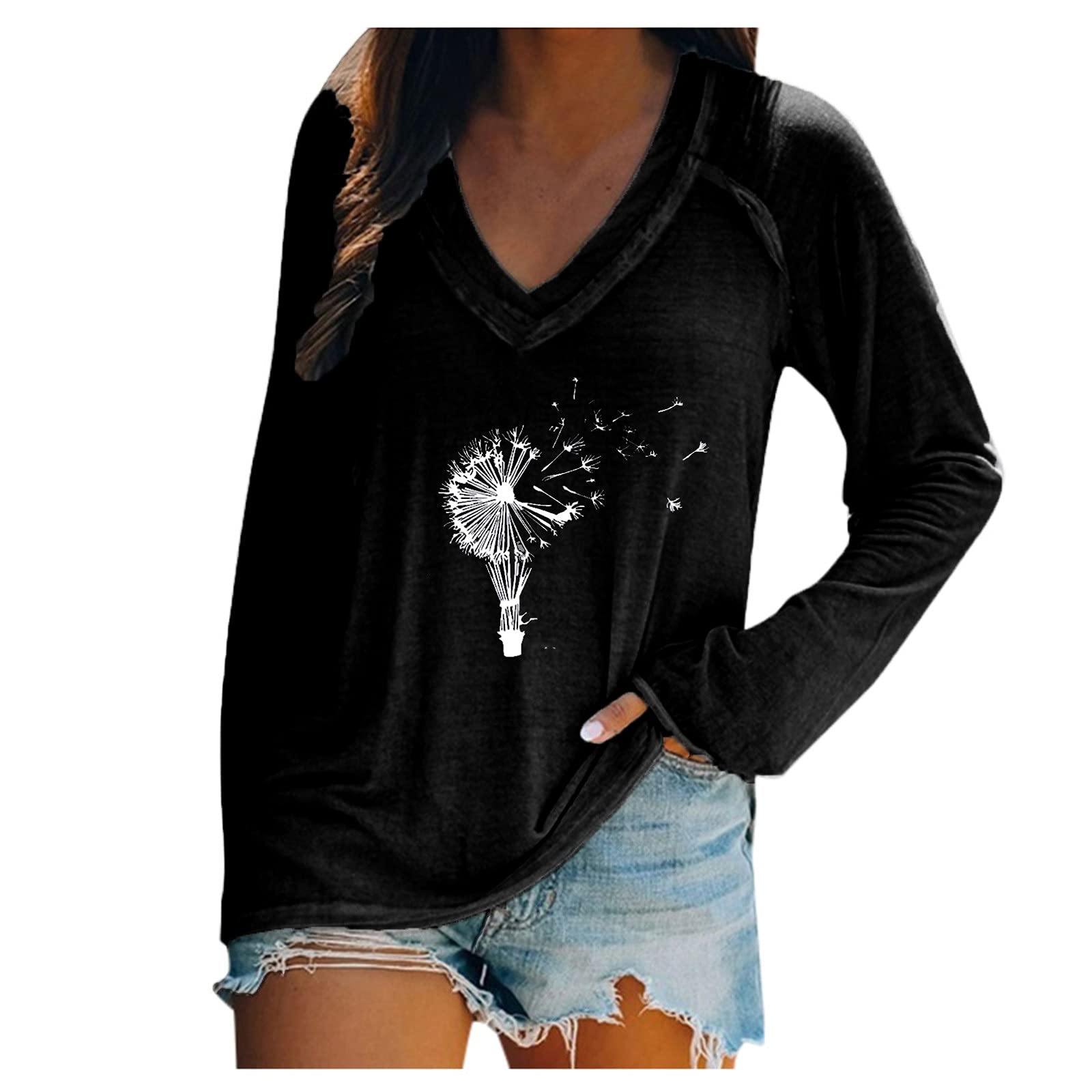 Women's V-Neck Long Sleeve Dandelion Print Blouse - Casual Loose Fit Tunic Top for Everyday Wear | Perfect for Work, Weekend Outings & Layering