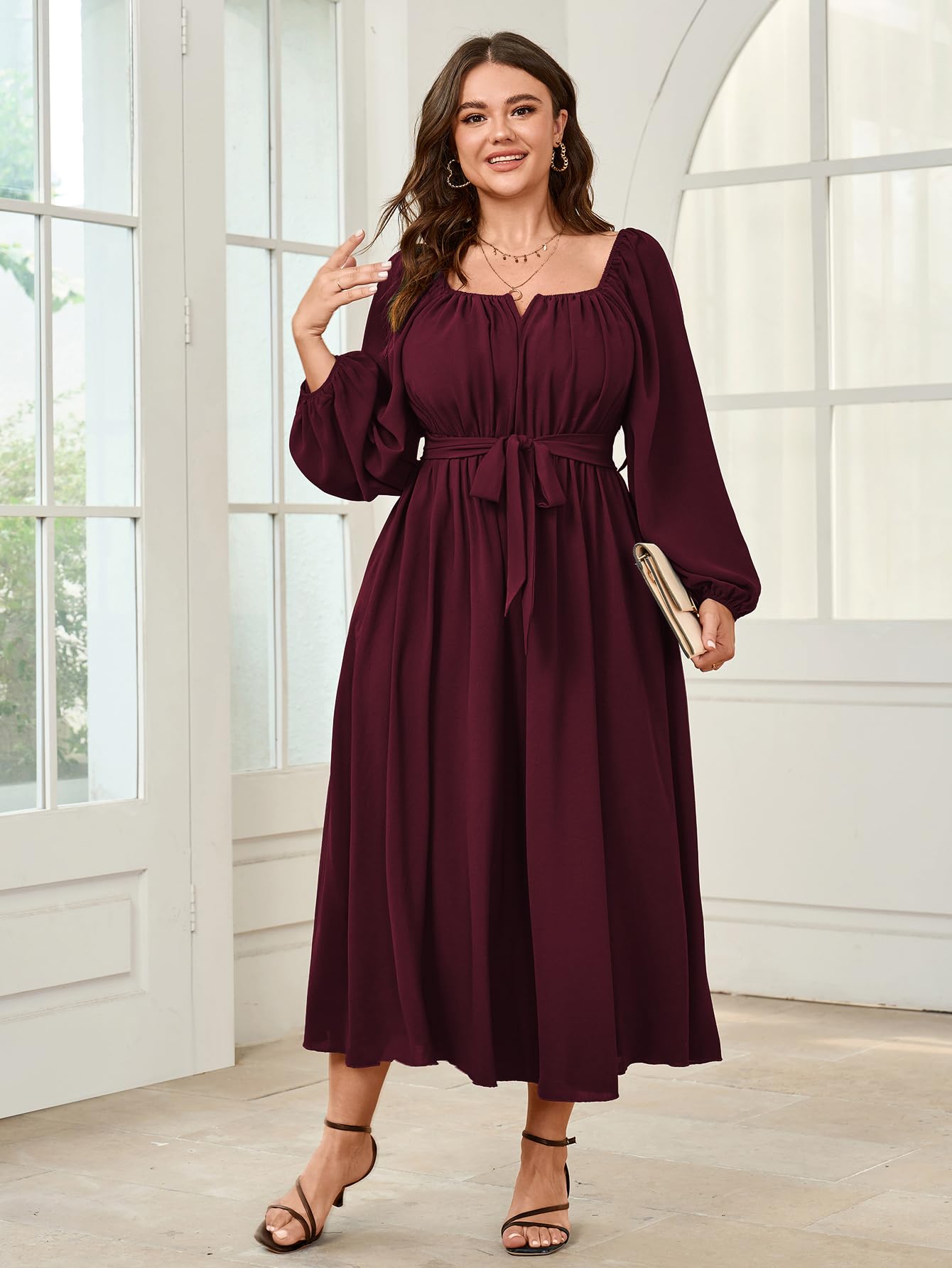 SCOMCHIC Women's Plus Size Maxi Dress - Long Sleeve Square Neck Elegant Cocktail Dress with Belt, Flowy A-Line Design for Wedding Guest, Party, Evening Events & Special Occasions