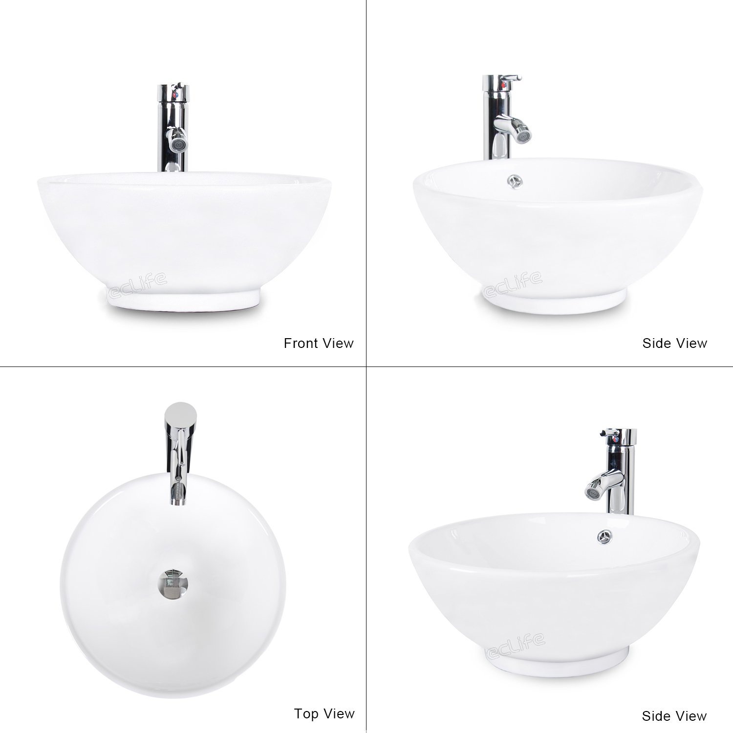 Eclife Classic White Round Ceramic Vessel Sink with Chrome Faucet & Pop-Up Drain - Porcelain Bathroom Countertop Sink Bowl for Modern Vanity, Powder Room & Guest Bathroom Decor