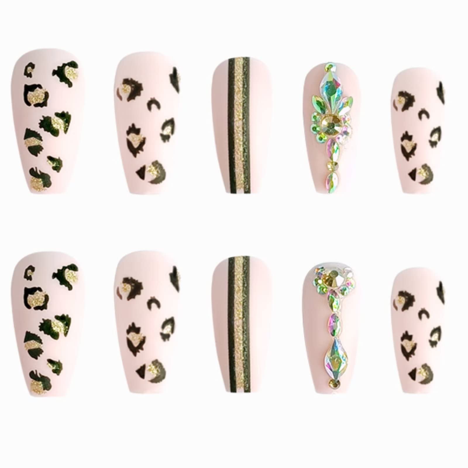 RUNRAYAY Leopard Print Press On Nails - Long Fake Nails with Pink Acrylic Ballet French Tip & Rhinestone Designs for Women & Girls | Perfect for Parties, Weddings, Date Nights & Special Occasions