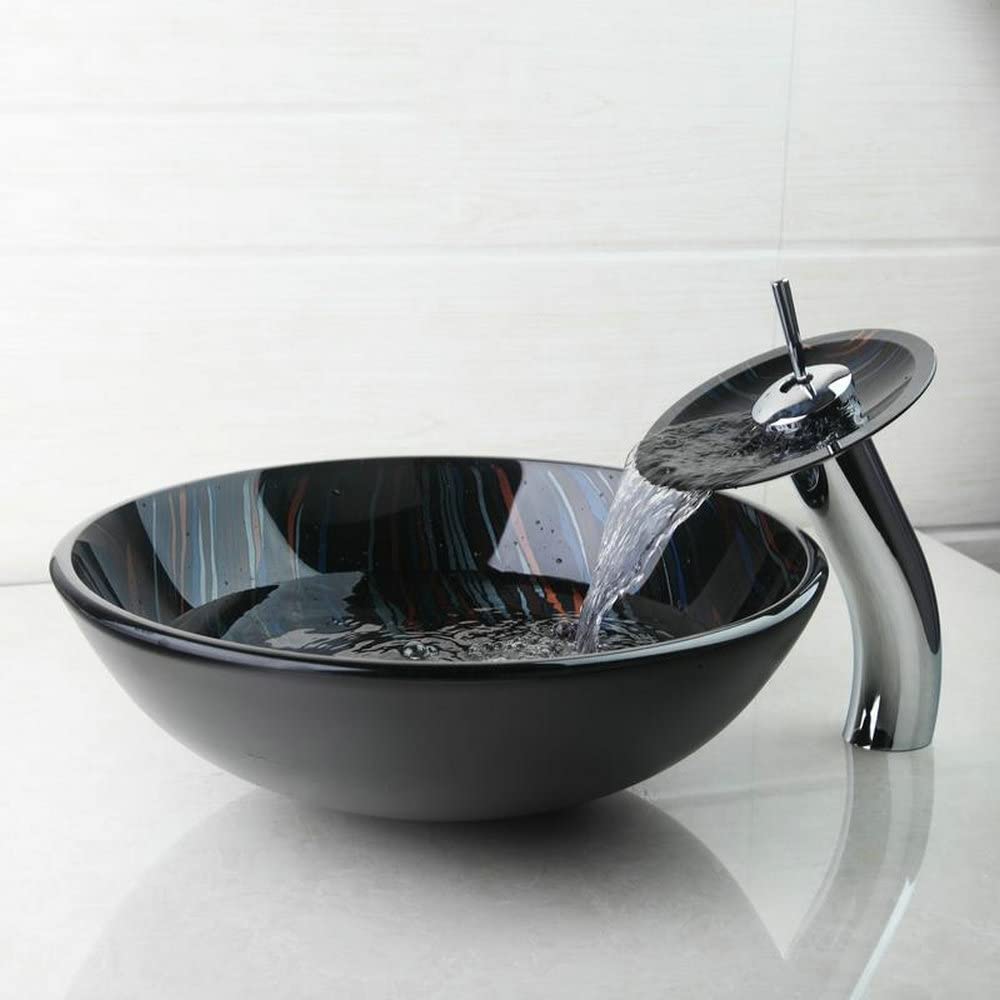 Black Sequin Glass Vessel Sink with Faucet and Pop-Up Drain - Modern Bathroom Vanity Sink Combo for Powder Rooms, Guest Baths & Luxury Home Decor