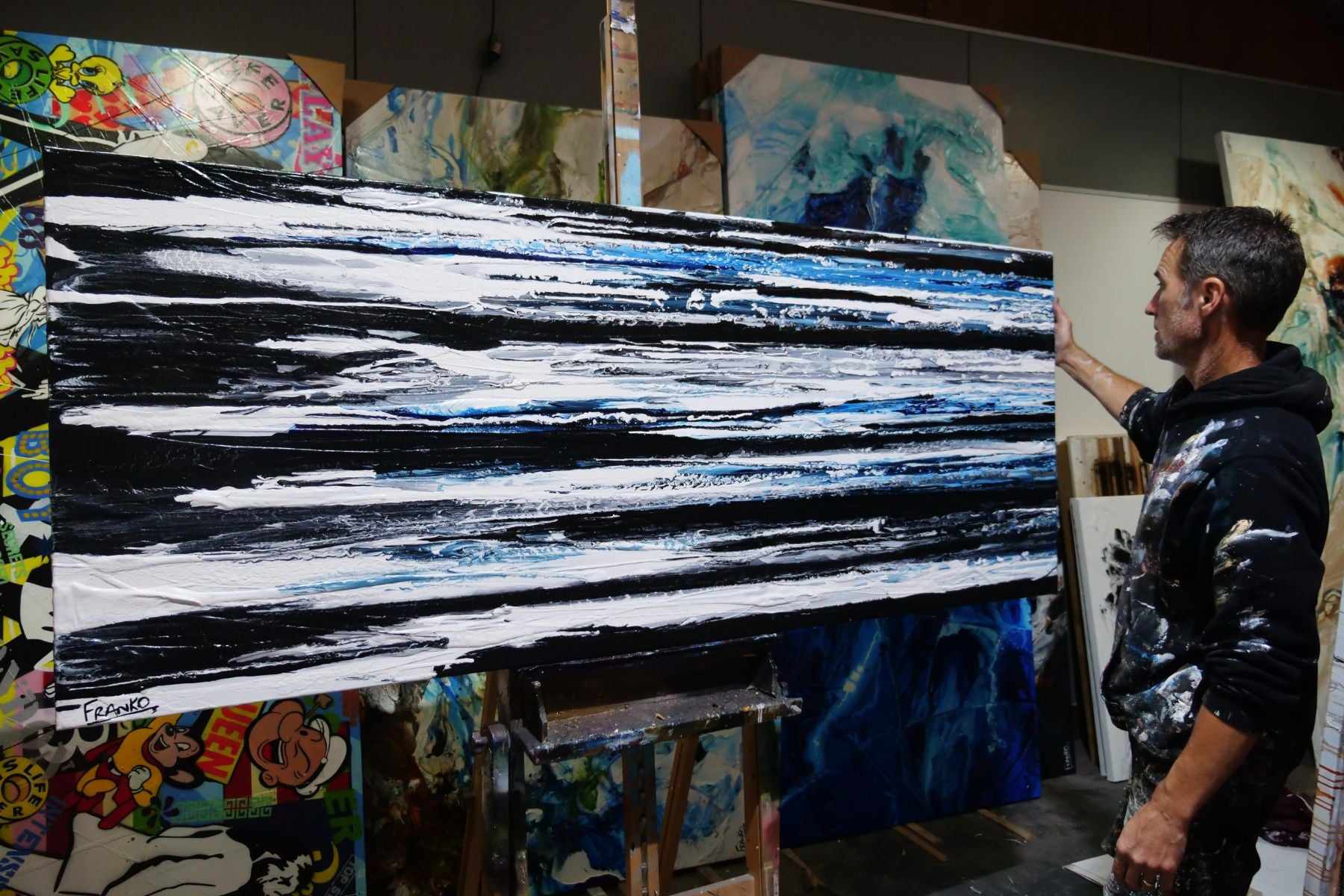 Arctic Prush 200cm x 80cm Black White Blue Textured Abstract Canvas Art - Modern Wall Decor for Living Room, Bedroom & Office