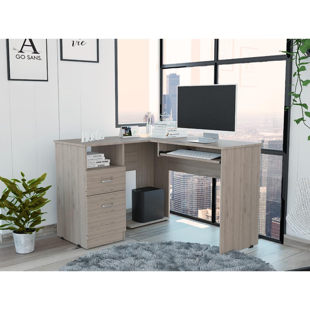 Tuhome L-Shaped Computer Desk with Keyboard Tray, 2 Storage Drawers & Open Shelf - Light Gray Home Office Workstation for Small Spaces | Study Desk for Students, Gaming Setup for PC Gamers