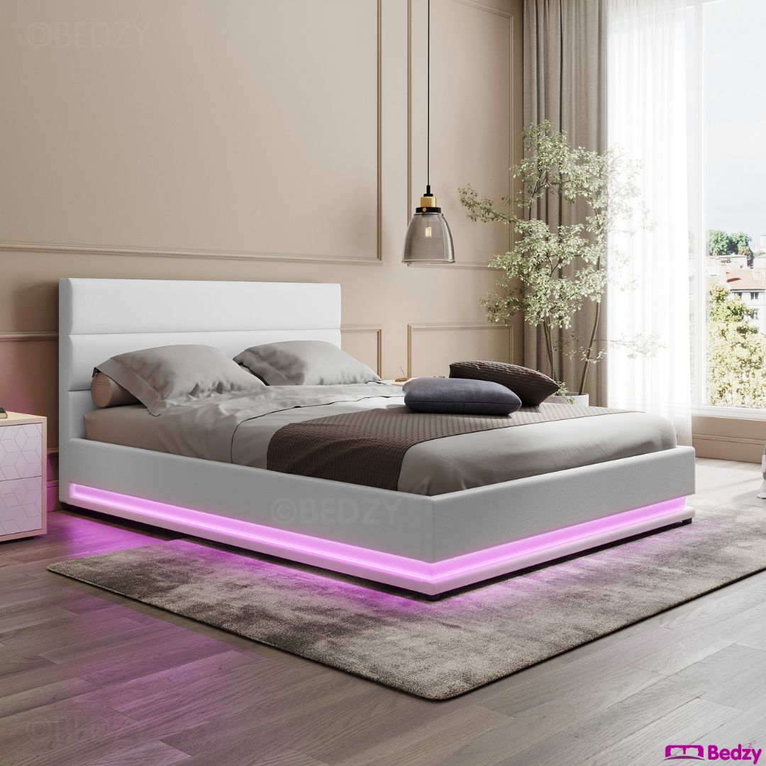 Premium Double Bed Set - Henley LED White Bed Frame with Algarve Euro Top Medium Firm Mattress & Pillowtop Topper | Perfect for Master Bedroom, Guest Room & Modern Home Decor