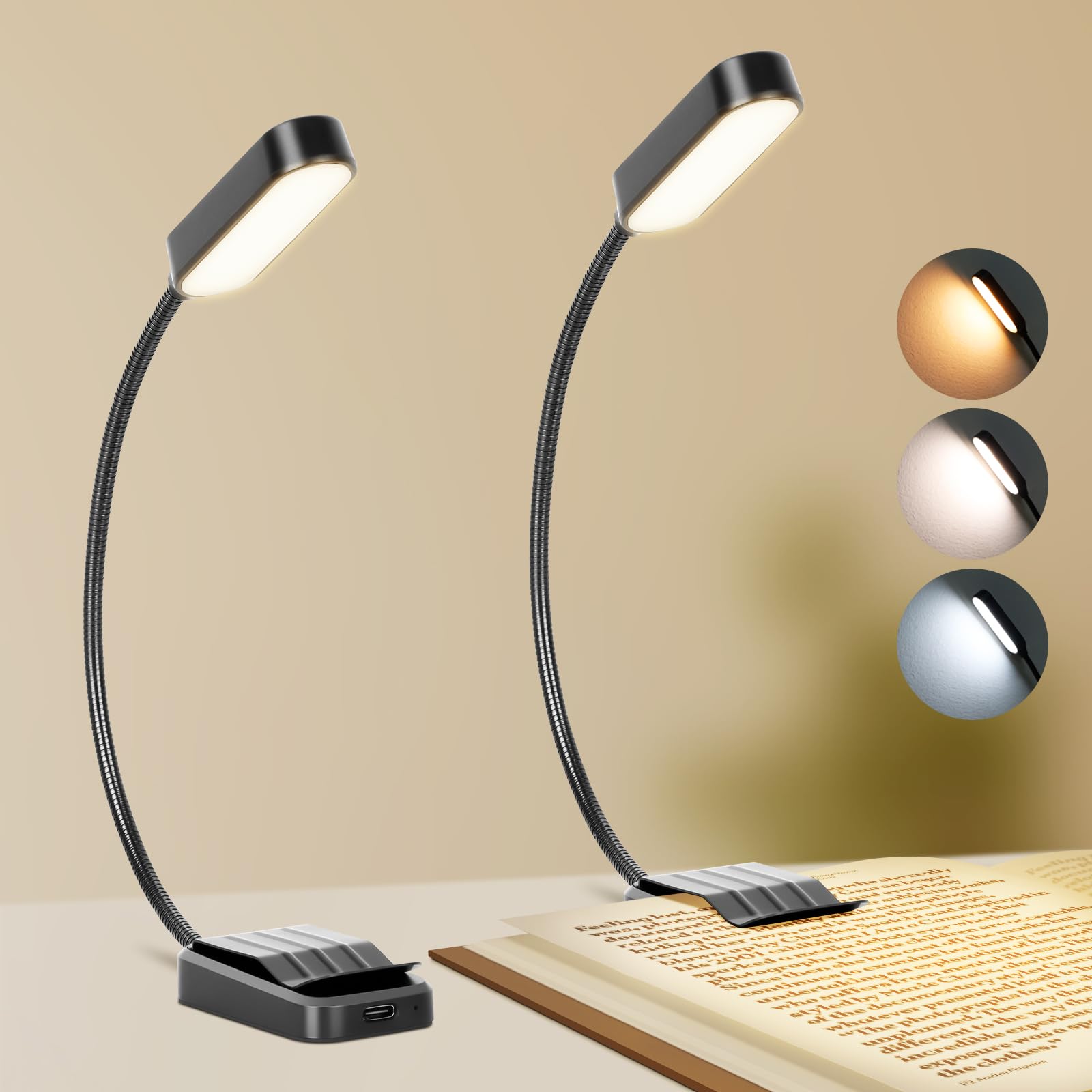 Rechargeable Book Light 2 Pack - 3 Color Adjustable LED Reading Light with Stepless Dimming & 360° Flexible Neck | Clip-On Night Light for Bedtime Reading, Studying, Kids & Book Lovers | Perfect for Bedside, Travel & Office Use