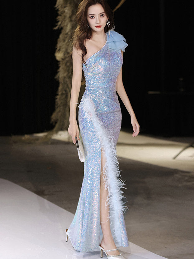 Elegant Pink & Blue Sequin One Shoulder Mermaid Evening Dress for Prom, Wedding & Special Occasions