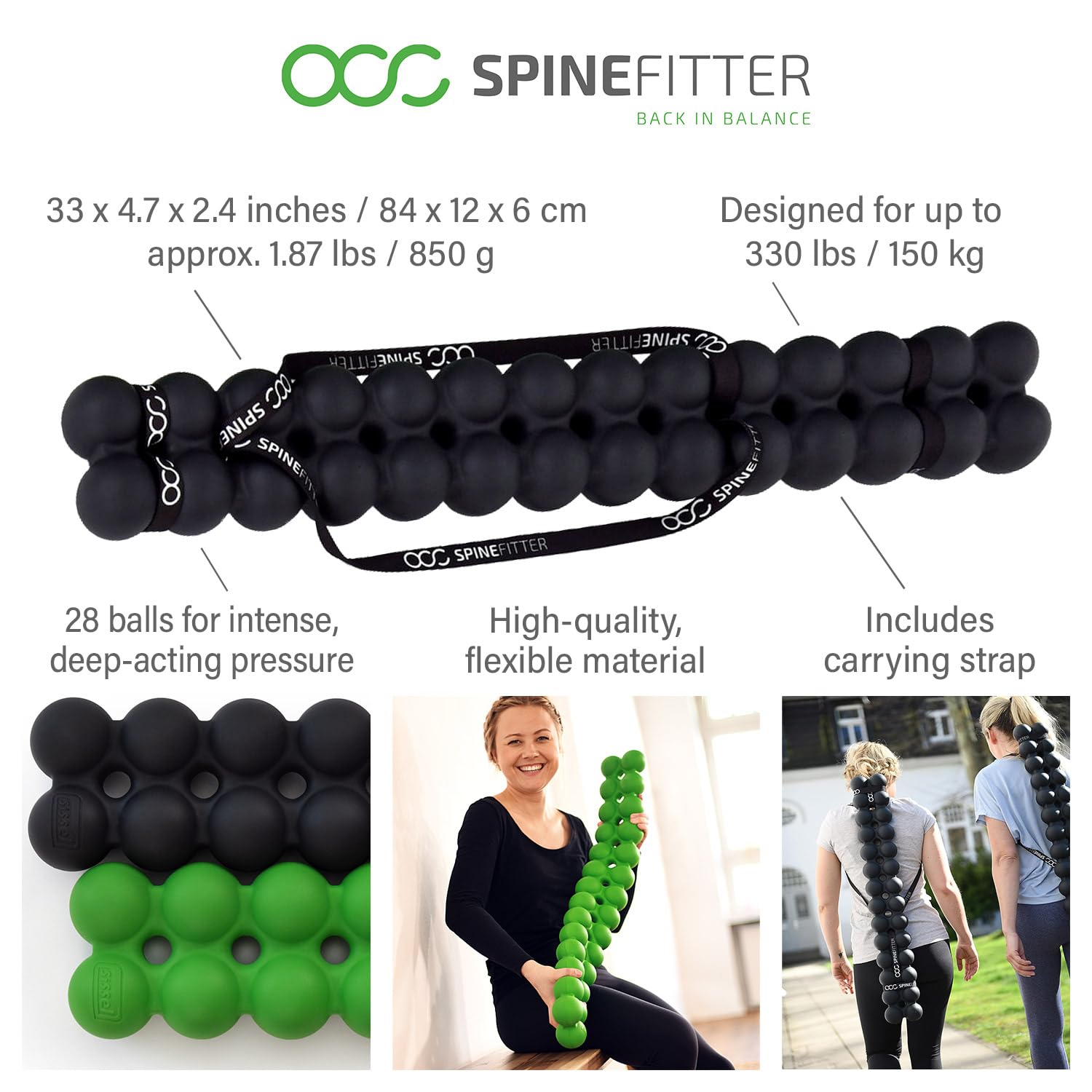 SPINEFITTER by SISSEL - Black Back Massager & Posture Corrector | Spinal Tension Relief Device for Yoga, Pilates & Home Use | Professional Back Pain Therapy Tool for Relaxation & Balance Training