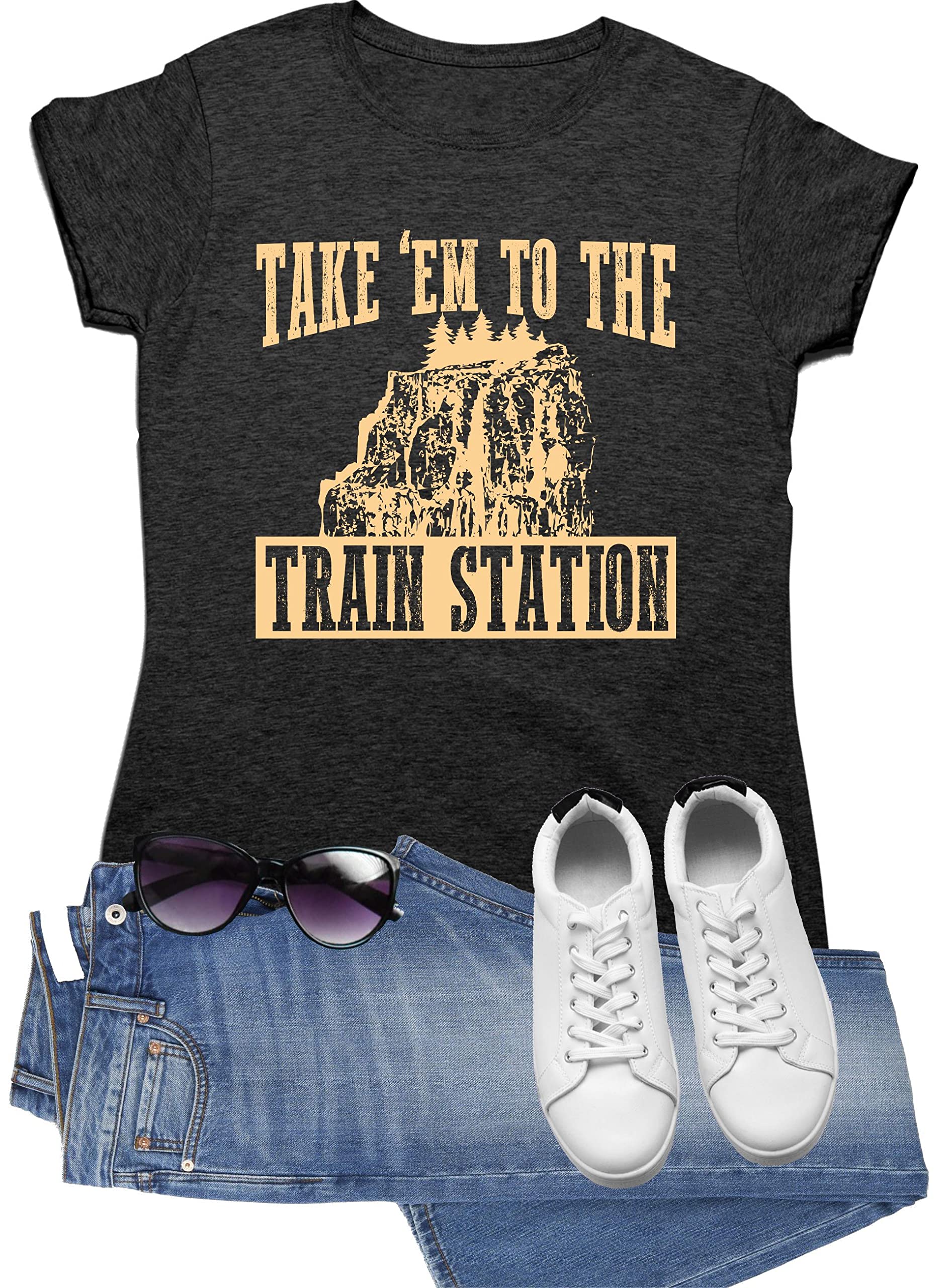 Go All Out Women's Take Em to The Train Station Deluxe Soft T-Shirt - Comfortable Casual Tee for Everyday Wear, Gym, and Outings