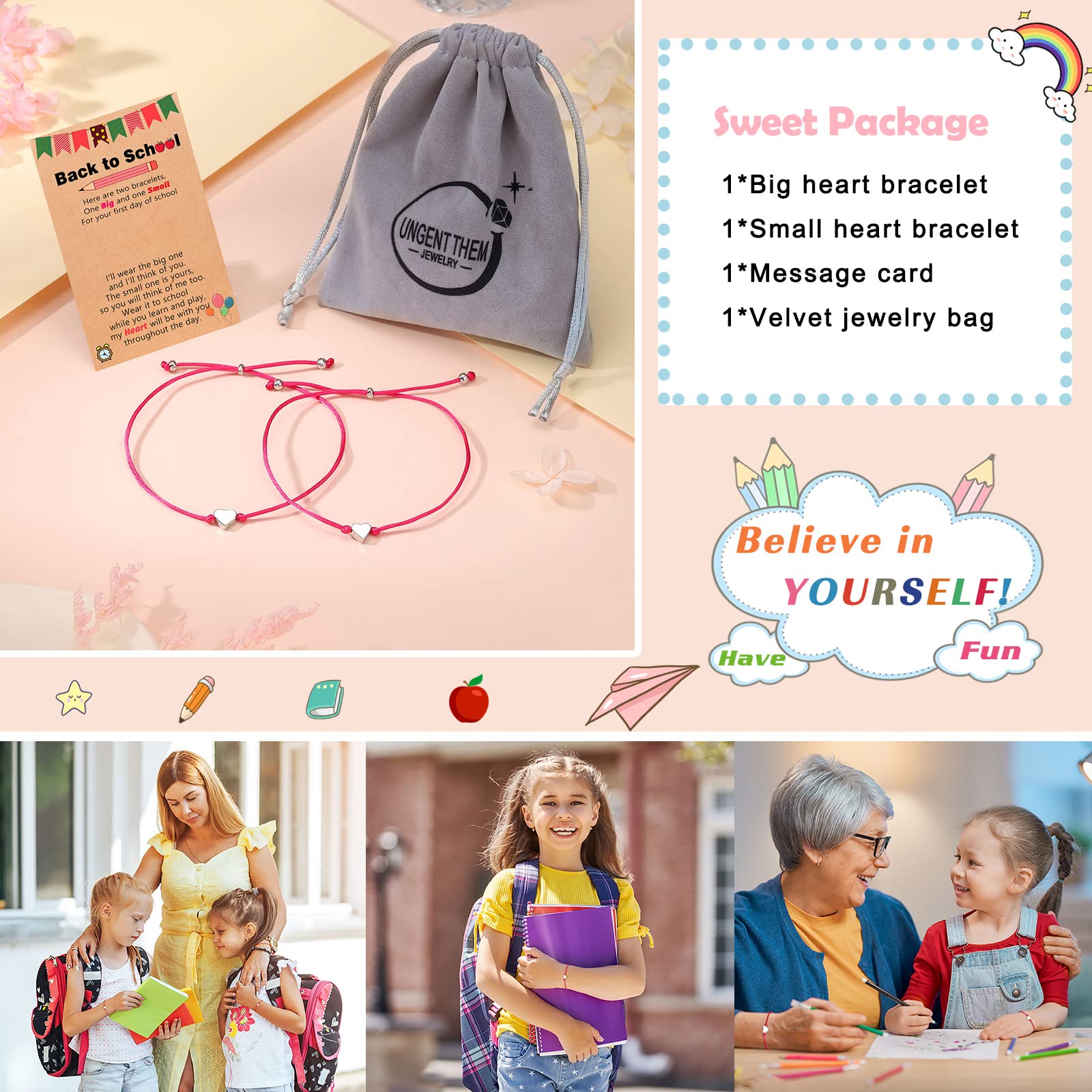 UNGENT THEM Mother Daughter Matching Bracelets Set - Heart Charm Wish Bracelets for Back to School, First Day Gifts for Girls & Boys | Perfect for School Photos, Graduation, and Family Bonding Moments