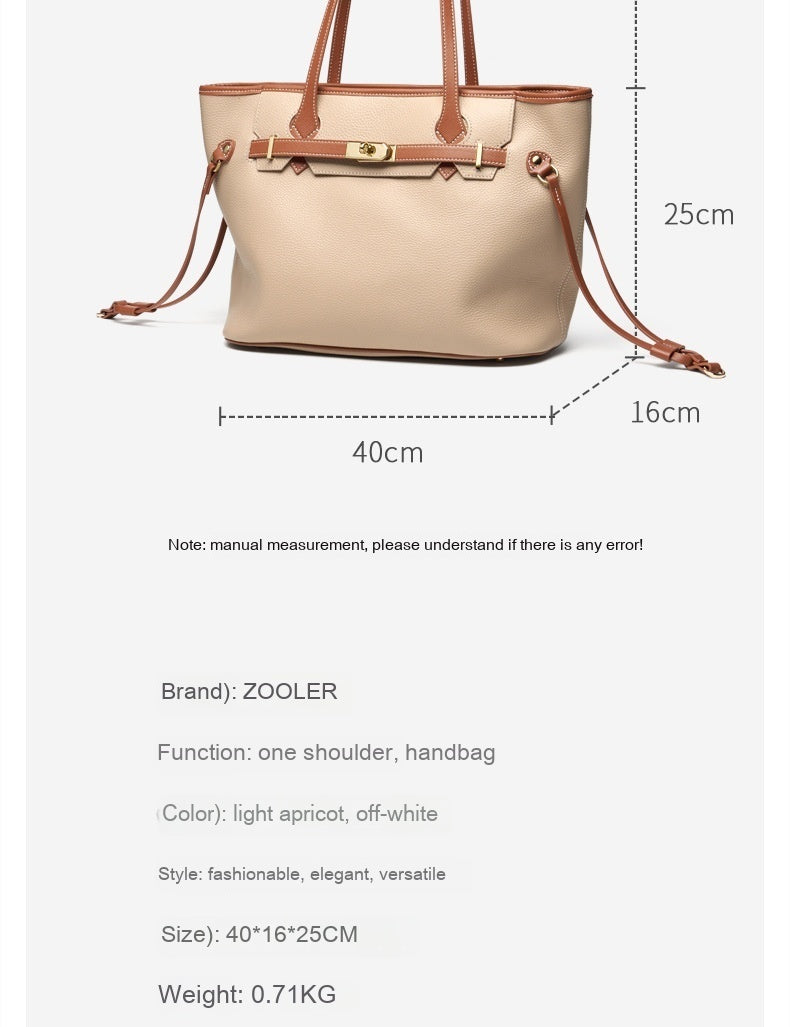 Premium Genuine Leather Tote Bag with Lock Design - Spacious Large Capacity Shoulder Bag for Work, Travel & Everyday Use
