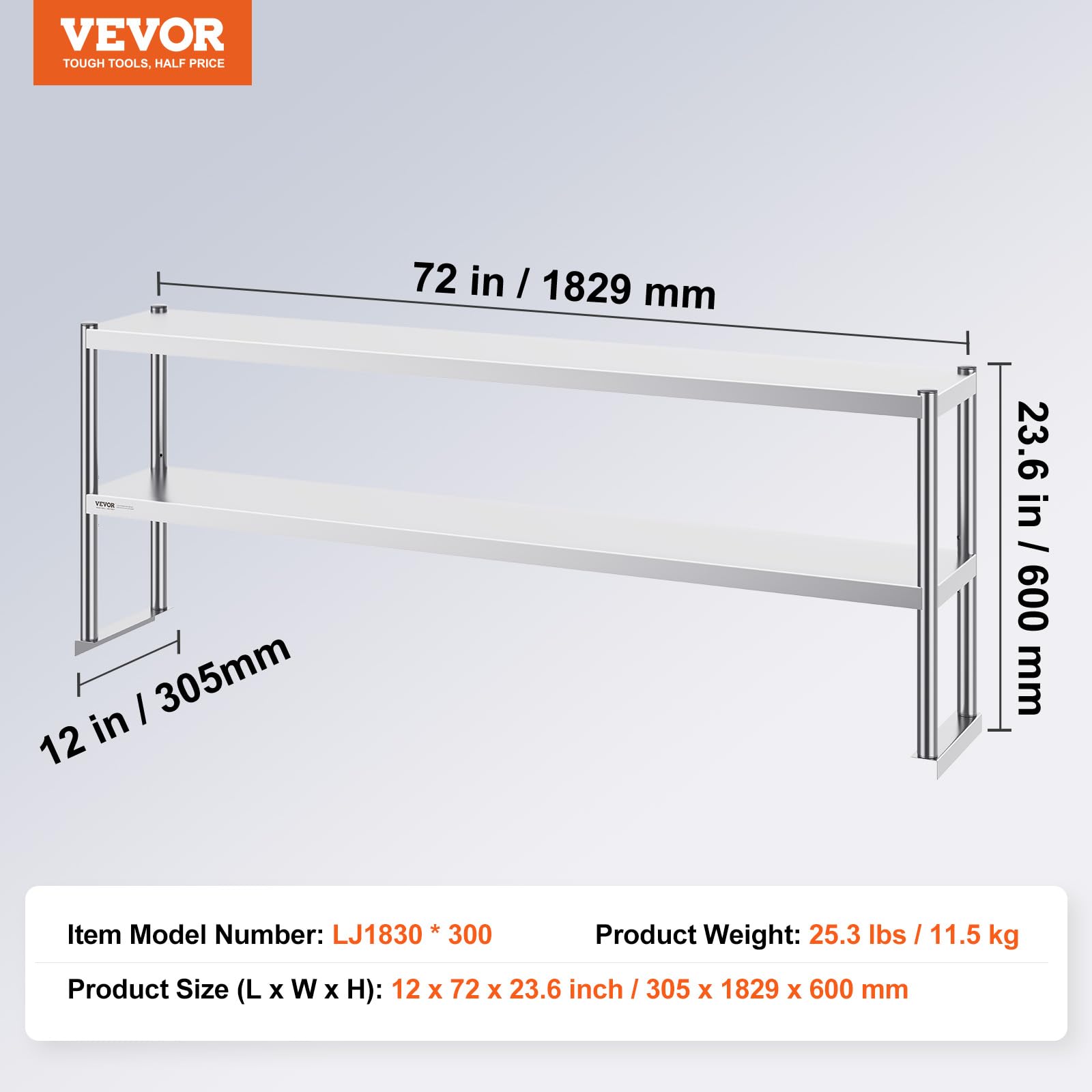 VEVOR 12 x 72 Inch Double Tier Stainless Steel Overshelf - Adjustable Height Prep Work Table for Kitchen, Restaurant, Workshop | Heavy Duty Commercial Shelving for Food Prep, Storage & Organization