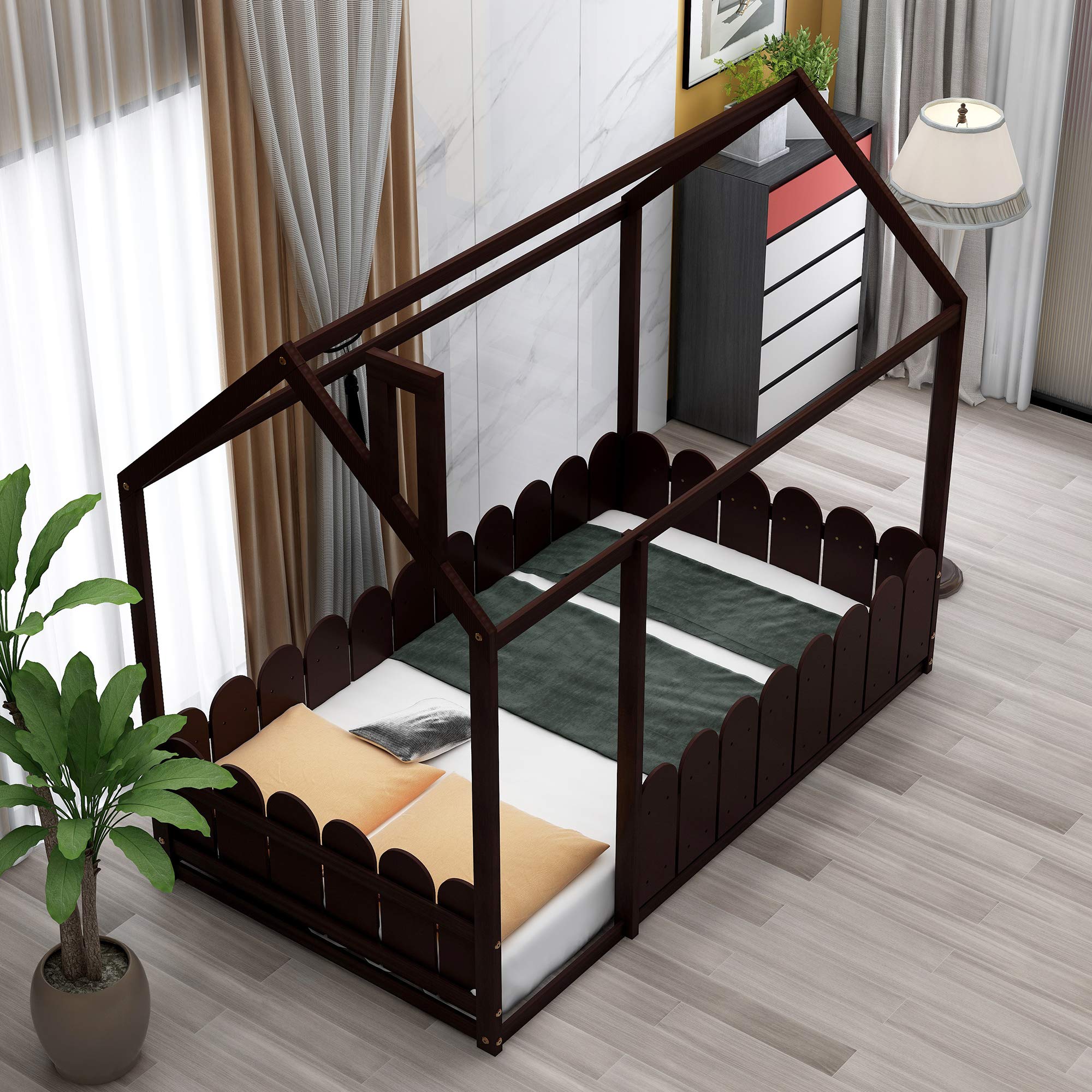 Wood Twin House Bed for Kids with Roof & Fence - Cabin Montessori Toddler Bed for Teens (Espresso) - Perfect for Small Bedrooms & Playrooms