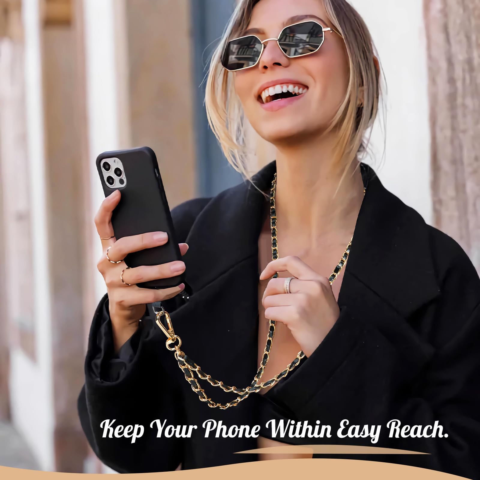 TiMOVO Universal Phone Lanyard - Metal Anti-Theft Crossbody Strap for iPhone 16/15 & Most Smartphones - Adjustable Phone Neck Holder for Women & Men (Gold & Black) - Perfect for Travel, Work, Gym & Outdoor Activities