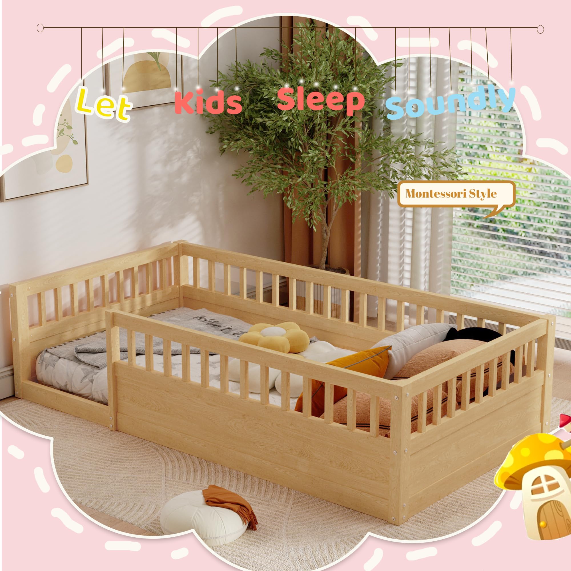 Montessori Floor Bed for Kids - Twin Size Wooden Playhouse Bed with High Safety Railings for Baby Boys, Girls & Teens | Natural Finish | No Slats Included | Perfect for Montessori Rooms, Playrooms & Toddler Bedrooms