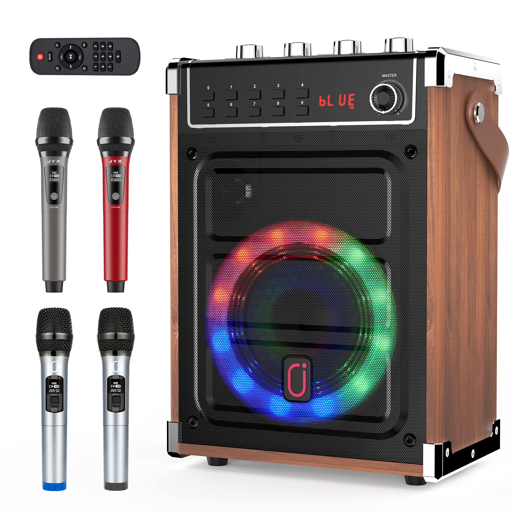 JYX 69BT Wireless Karaoke Machine with 4 Microphones - Portable Wooden Bluetooth Speaker for Home Parties, Outdoor Gatherings & Family Entertainment