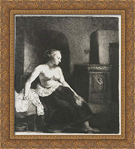 Rembrandt 20x22 Gold Ornate Wood Framed Canvas Art - Elegant Woman Sitting Half Dressed by Stove - Perfect for Living Room, Bedroom or Office Wall Decor