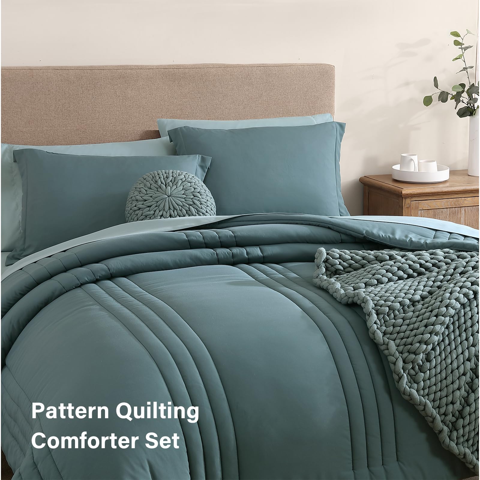 Monbix King Size Comforter Set - 7 Piece All Seasons Bed in a Bag with Down Alternative Comforter, Sheets, Pillowcases & Shams - Dark Green Luxury Bedding for Master Bedroom & Guest Room