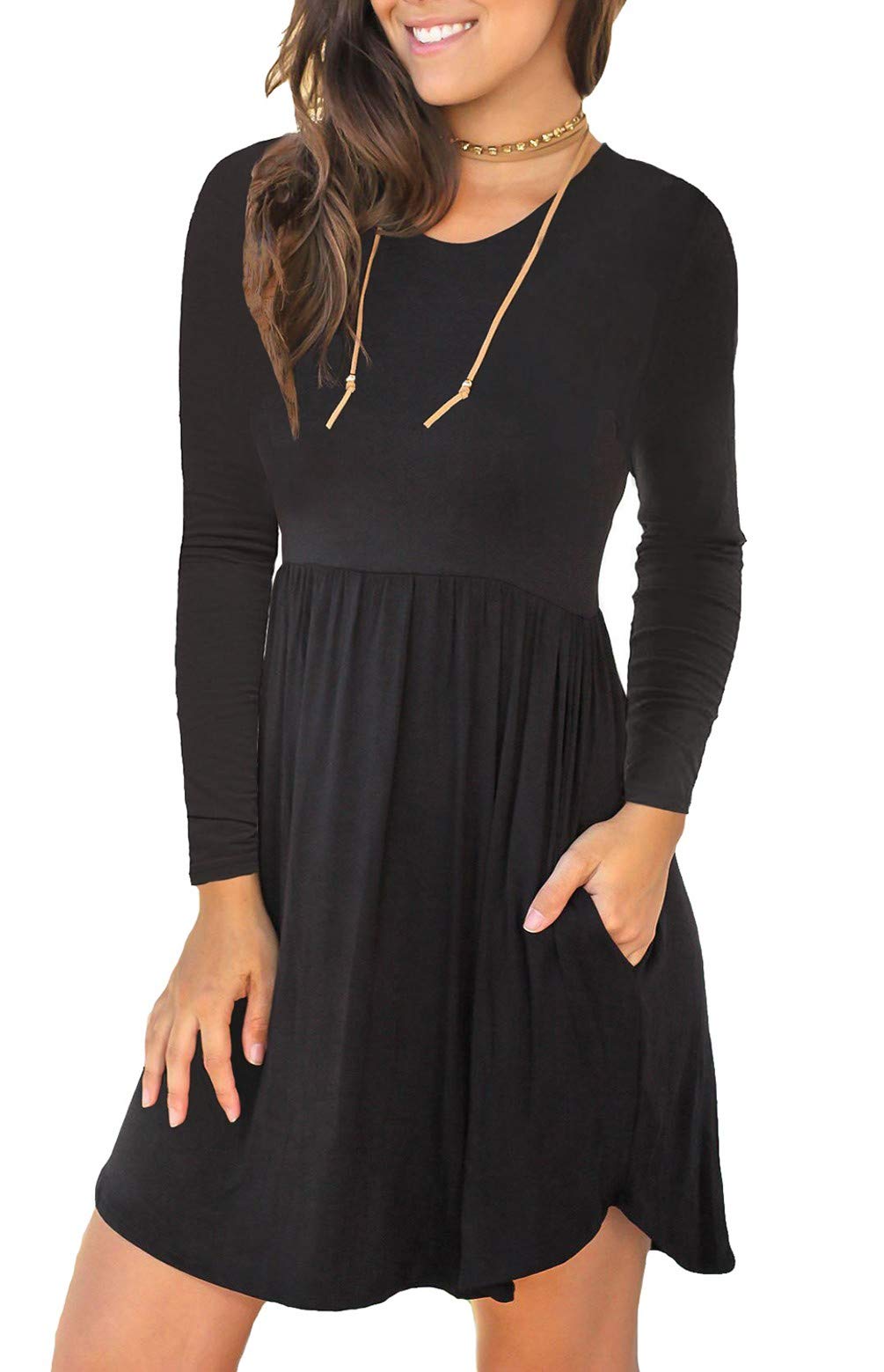 HiMONE Women's Long Sleeve T-Shirt Dress with Pockets - Casual Swing Dress for Everyday Wear, Office, Date Night & Travel Outfits