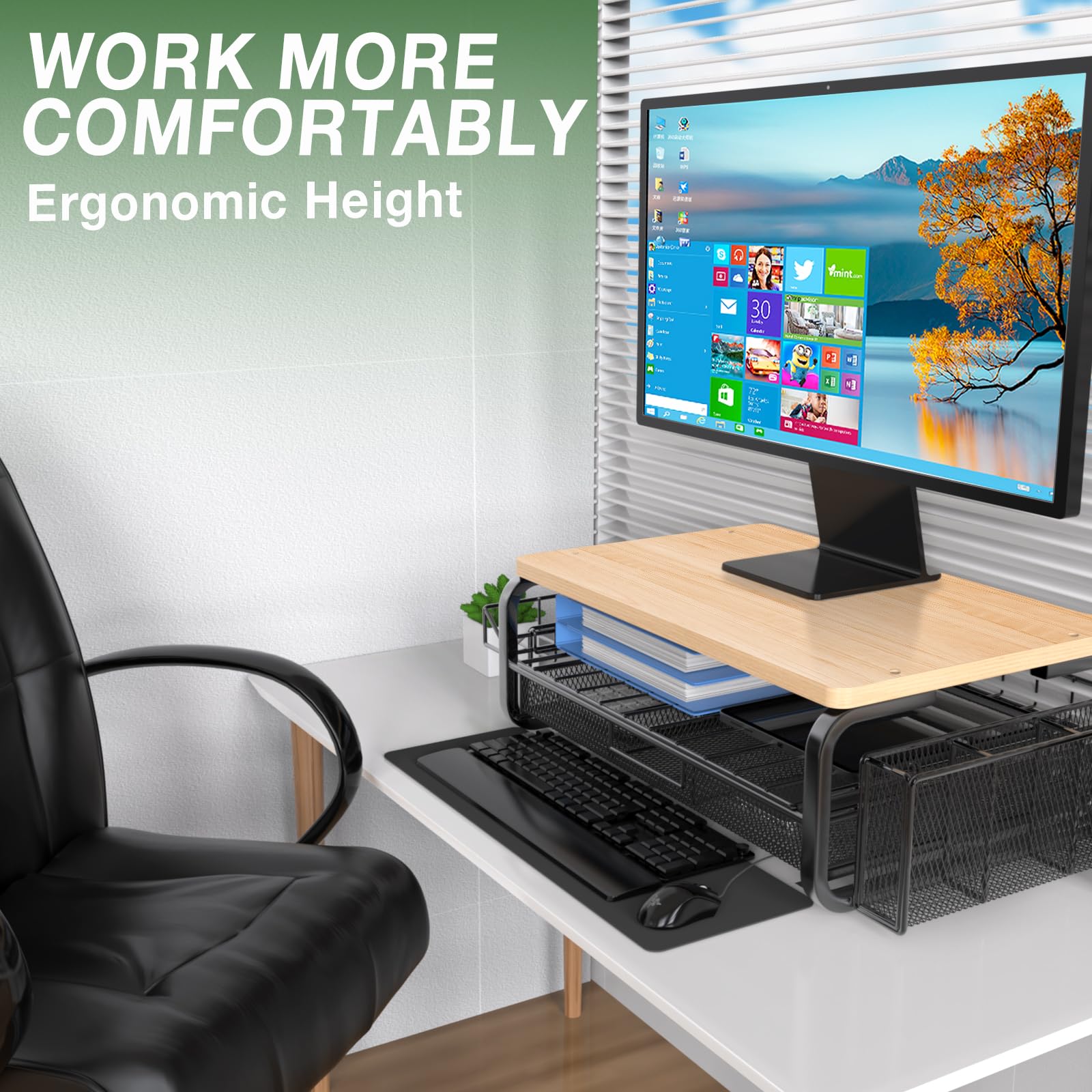 Premium Wooden Monitor Stand Riser with Storage Drawer - Large Desk Organizer with Plug & Pen Holders - Ergonomic Laptop/iMac Riser for Home & Office Workspace (Natural Wood Finish)