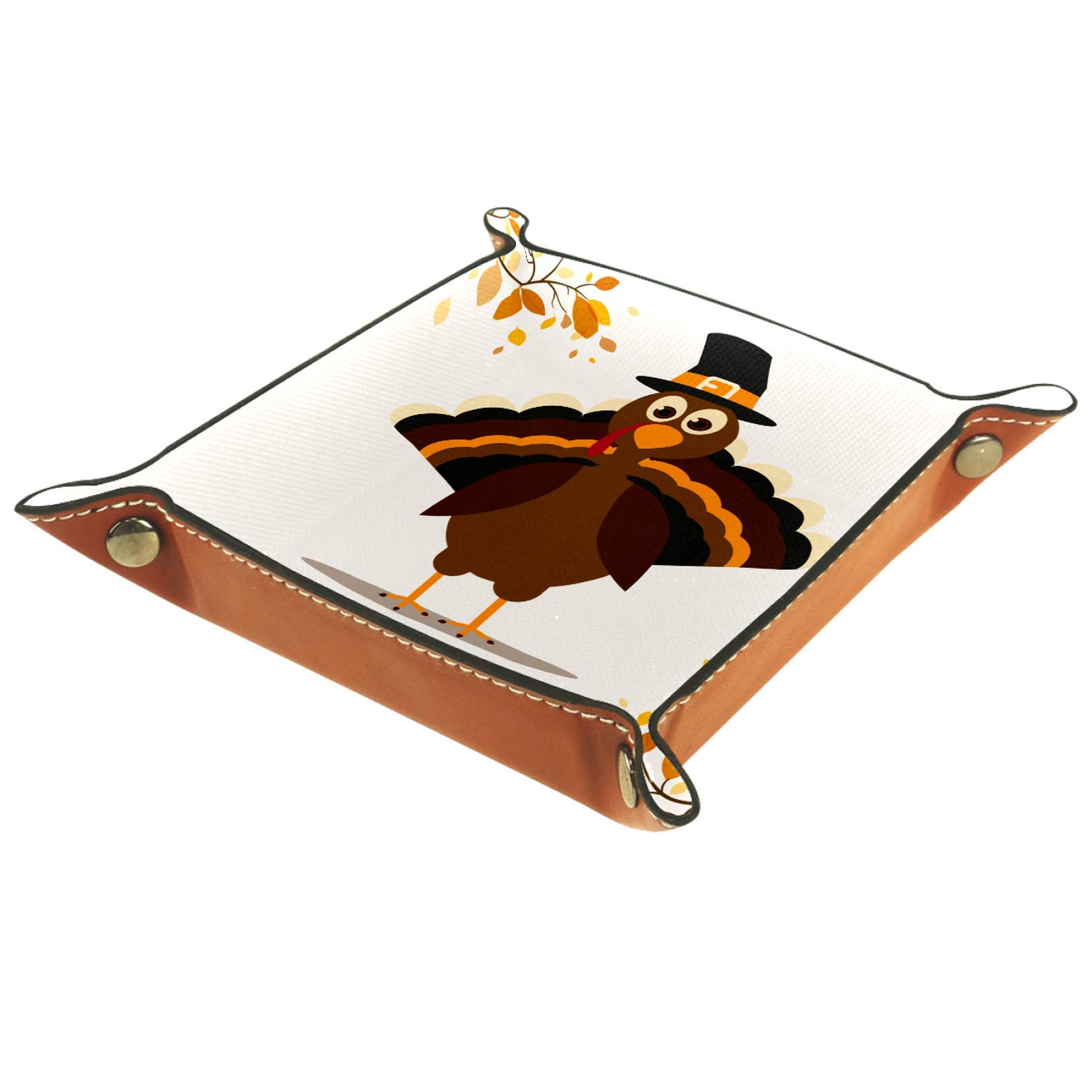 AISSO Thanksgiving Turkey & Autumn Leaves Leather Valet Tray - Premium Organizer for Wallets, Watches, Keys, Coins & Phones - Perfect for Office, Home & Travel Use
