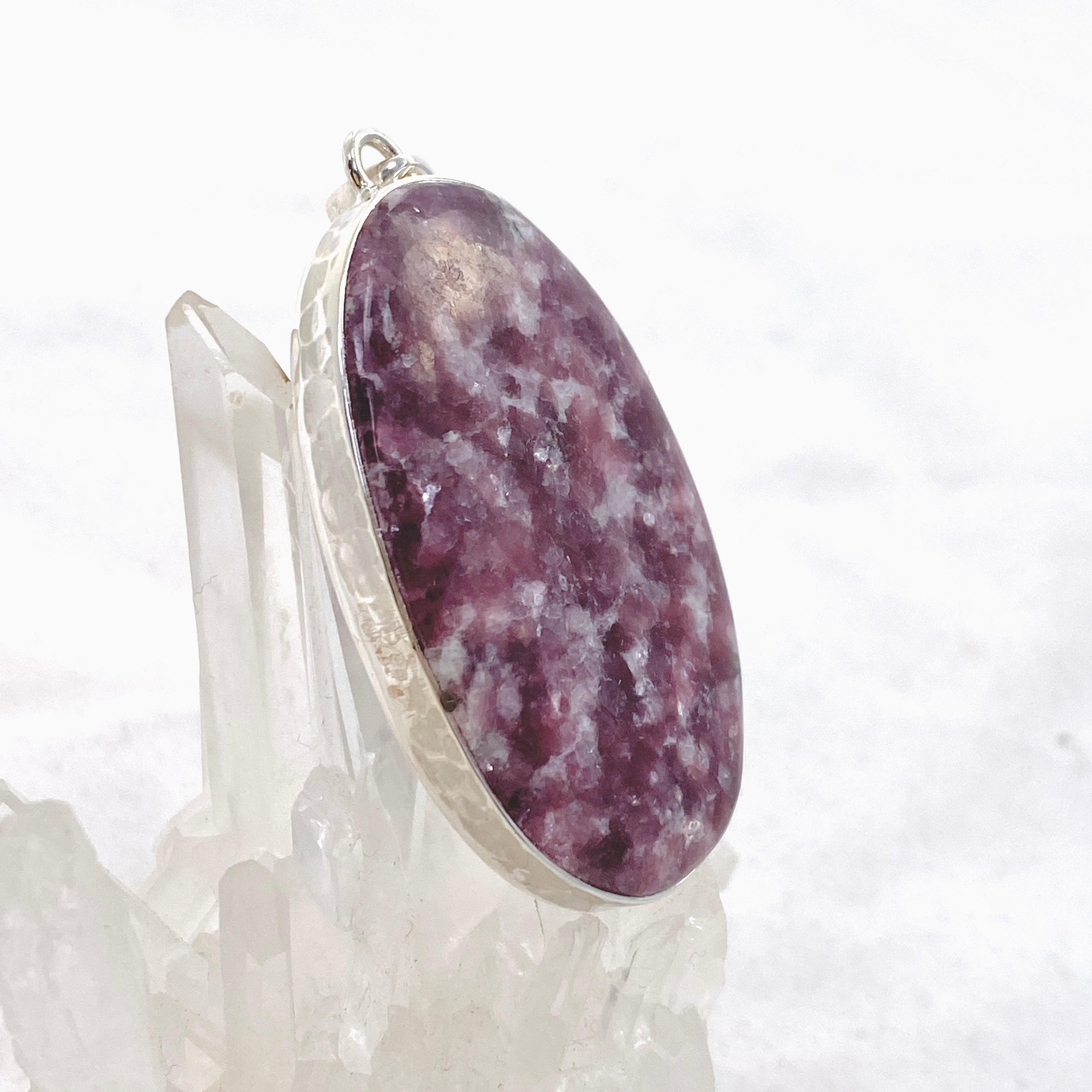 Natural Lepidolite Oval Cabochon Pendant with Hammered Sterling Silver Setting - Healing Crystal Jewelry for Stress Relief & Emotional Balance | Perfect for Meditation, Yoga & Spiritual Practices