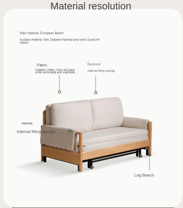 Modern Beech Solid Wood Sofa Bed - Convertible Sleeper for Small Spaces, Guest Room & Studio Apartments