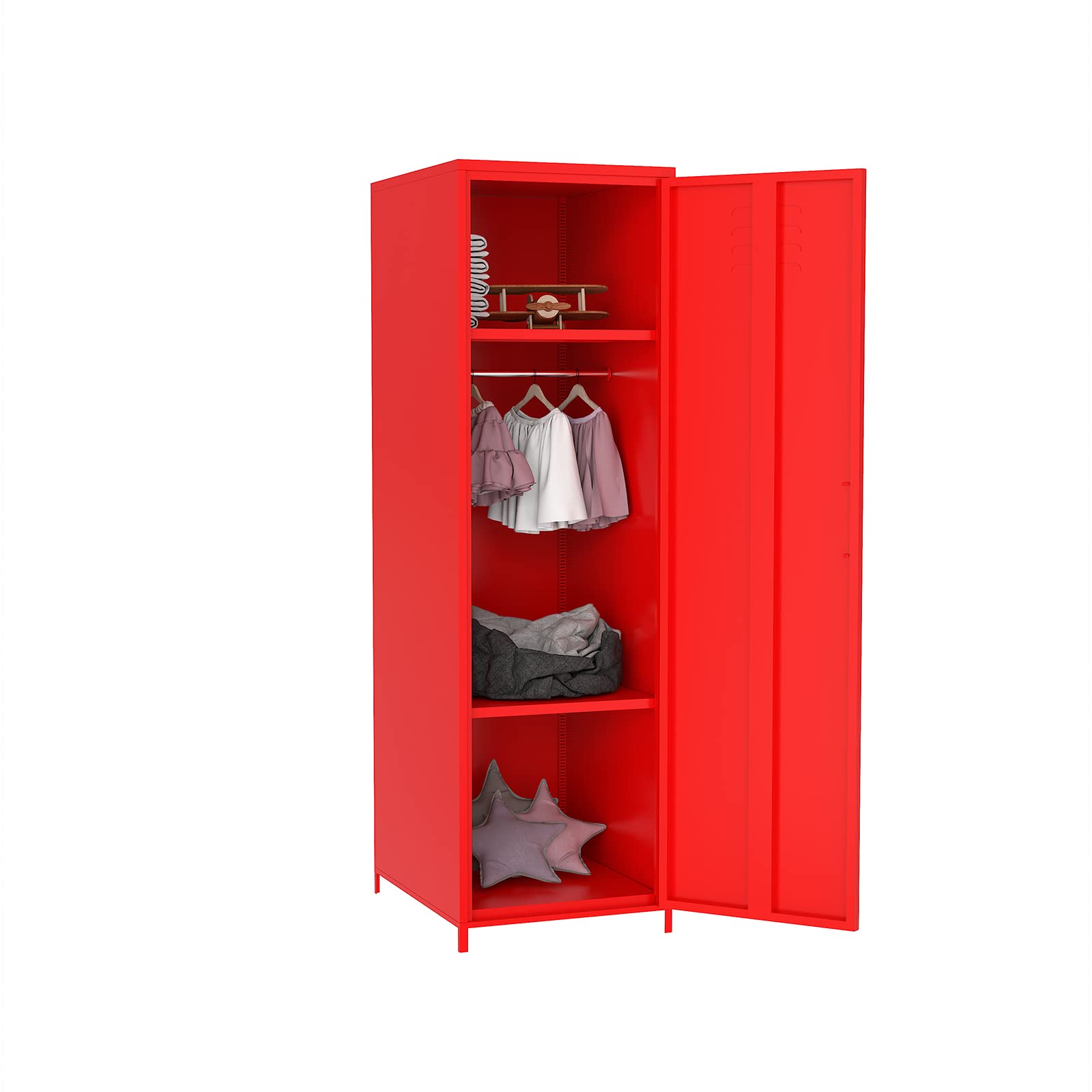 Steel Locker Cabinet - Single Door Metal Storage Locker with Hanging Rod & Shelves for Bedroom, School, Classroom | Organize Toys, Clothes & Essentials in Style (Red)