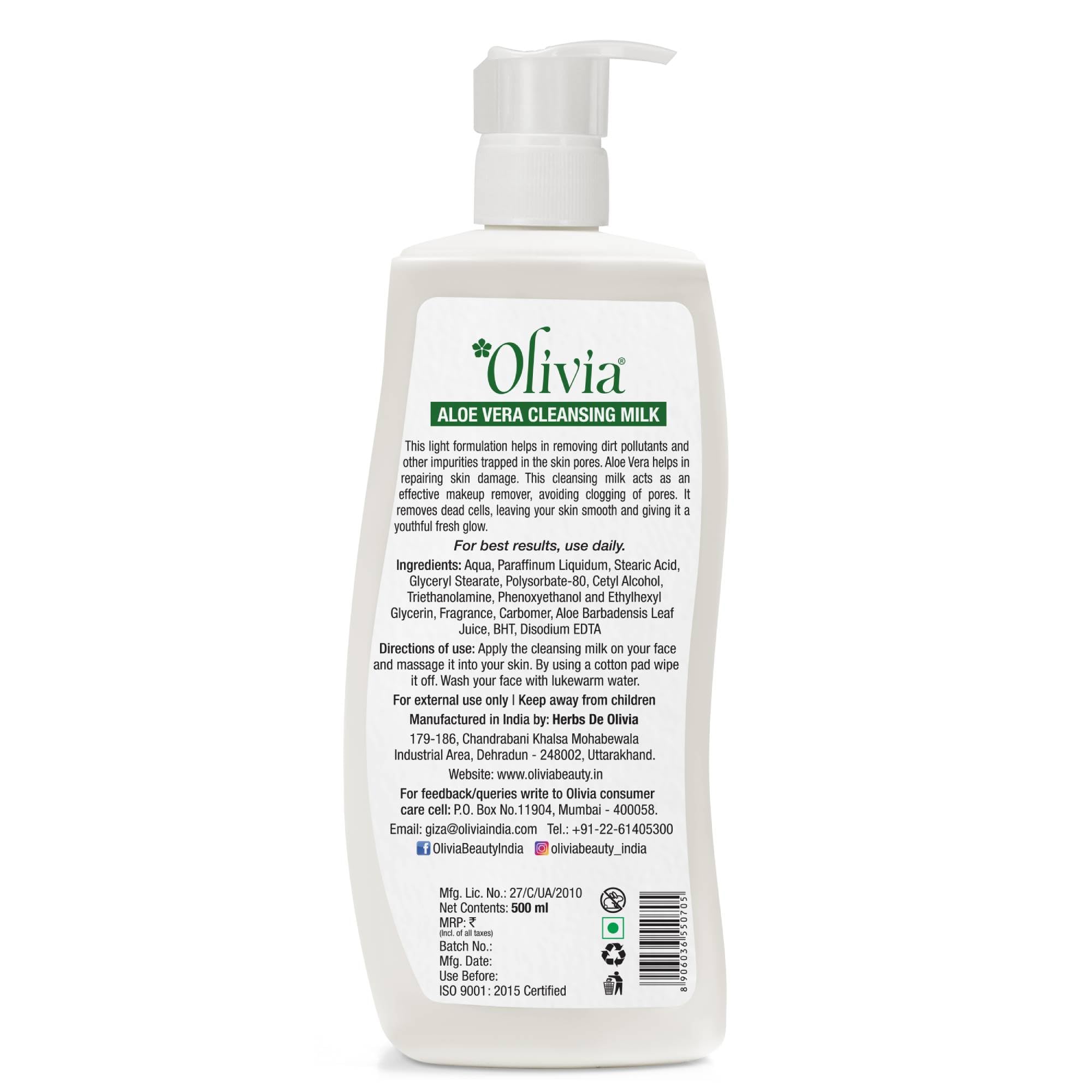 Olivia Deep Pore Cleansing Milk - 500ml Gentle Makeup Remover & Moisturizing Face Wash with Aloe Vera | Removes Dirt, Oil & Pollutants | For All Skin Types | Daily Skincare Routine & Travel Essential
