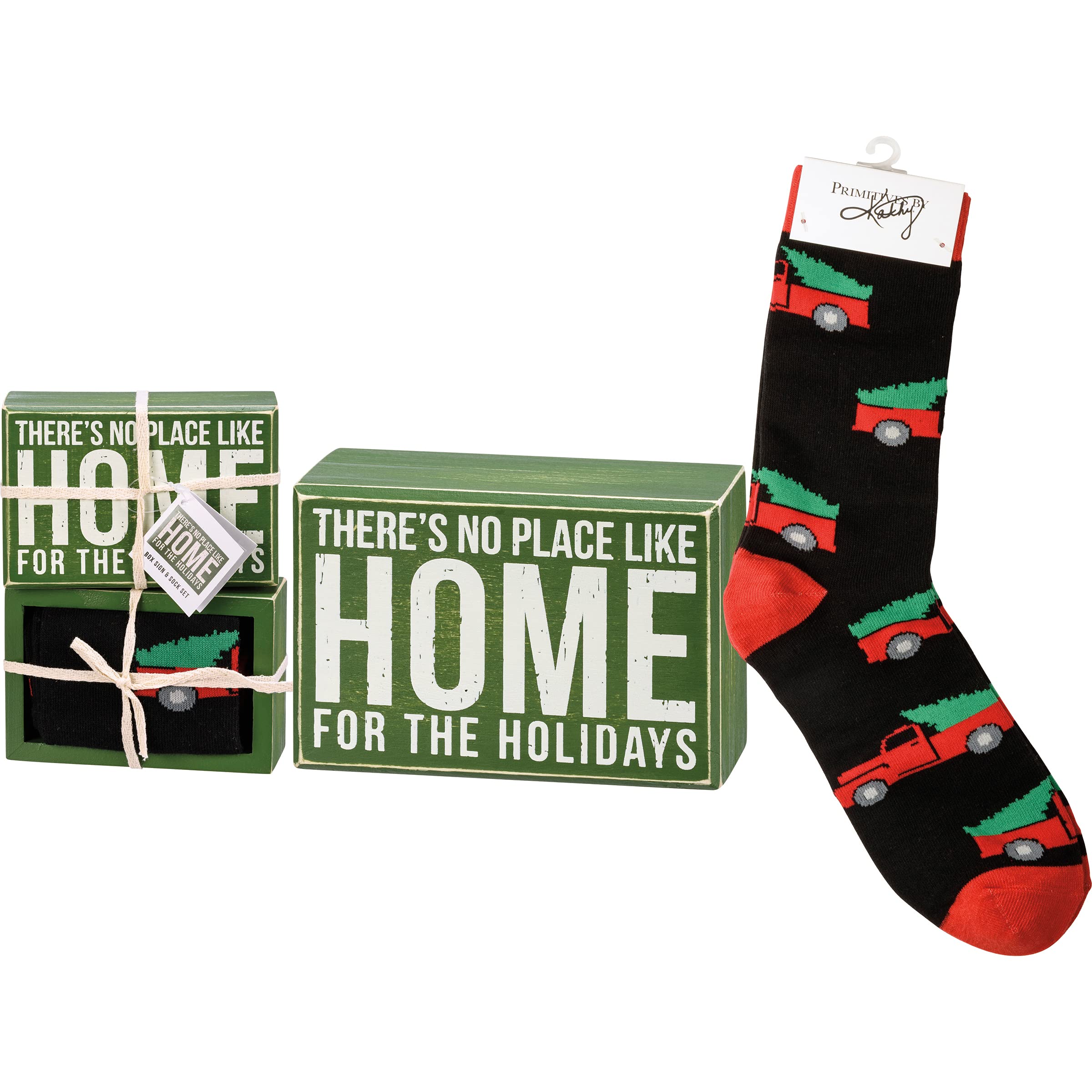 Primitives by Kathy 'There's No Place Like Home For The Holidays' Rustic Wooden Sign & Cozy Knit Sock Set - Christmas Home Decor Gift for Farmhouse, Living Room & Entryway