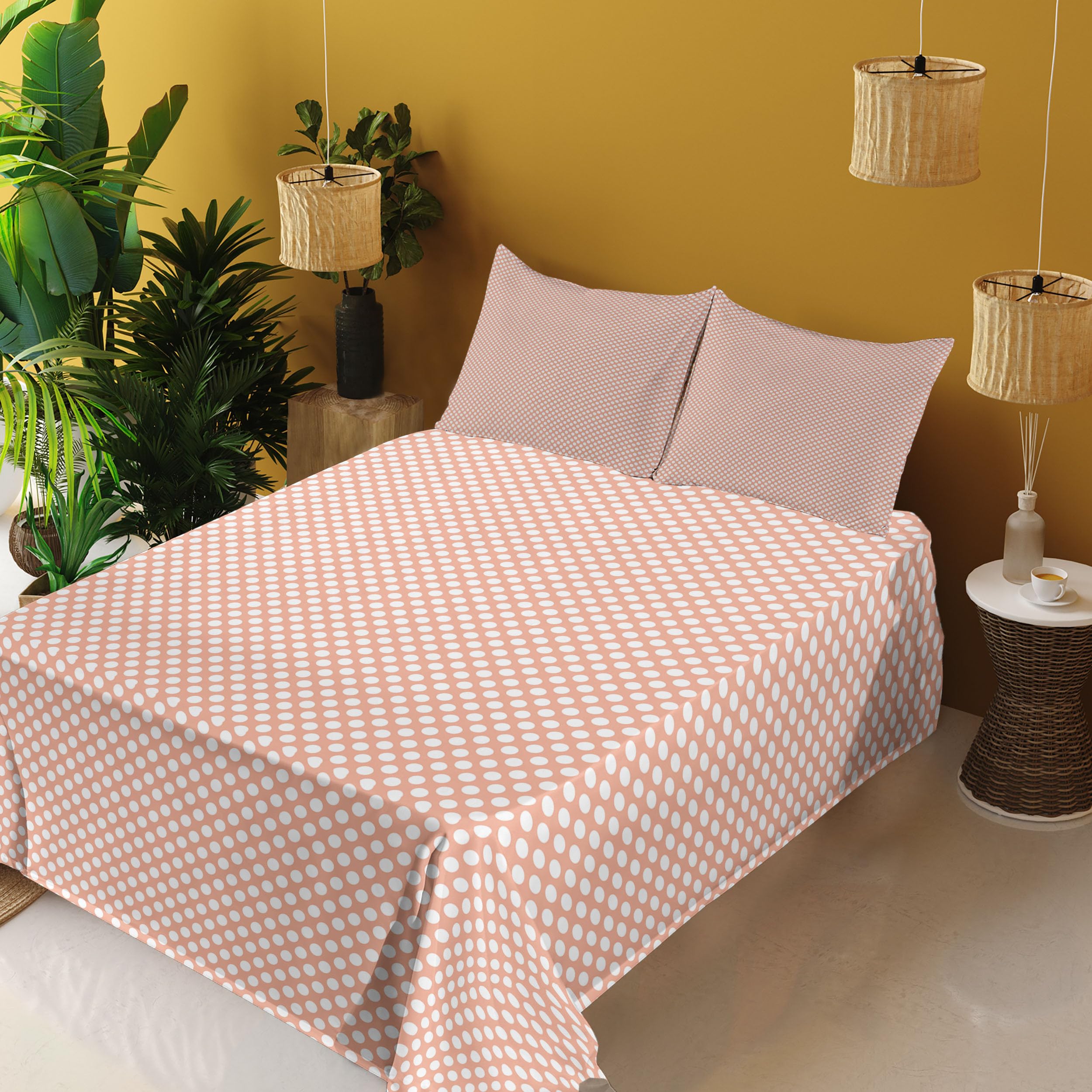 Ambesonne Abstract King Size 4-Piece Sheet Set - Monochrome Polka Dots, Symmetrical Circle Design, Peach & White - Soft Bedding for Modern Bedrooms, Guest Rooms & Dorm Decor